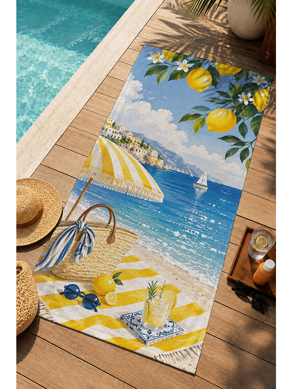 Sarı Akdeniz Limon Şemsiye Sahil Desenli 70x150 Plaj Havlusu - Dijital Baskılı Solmaz Banyo Havlusu-4
