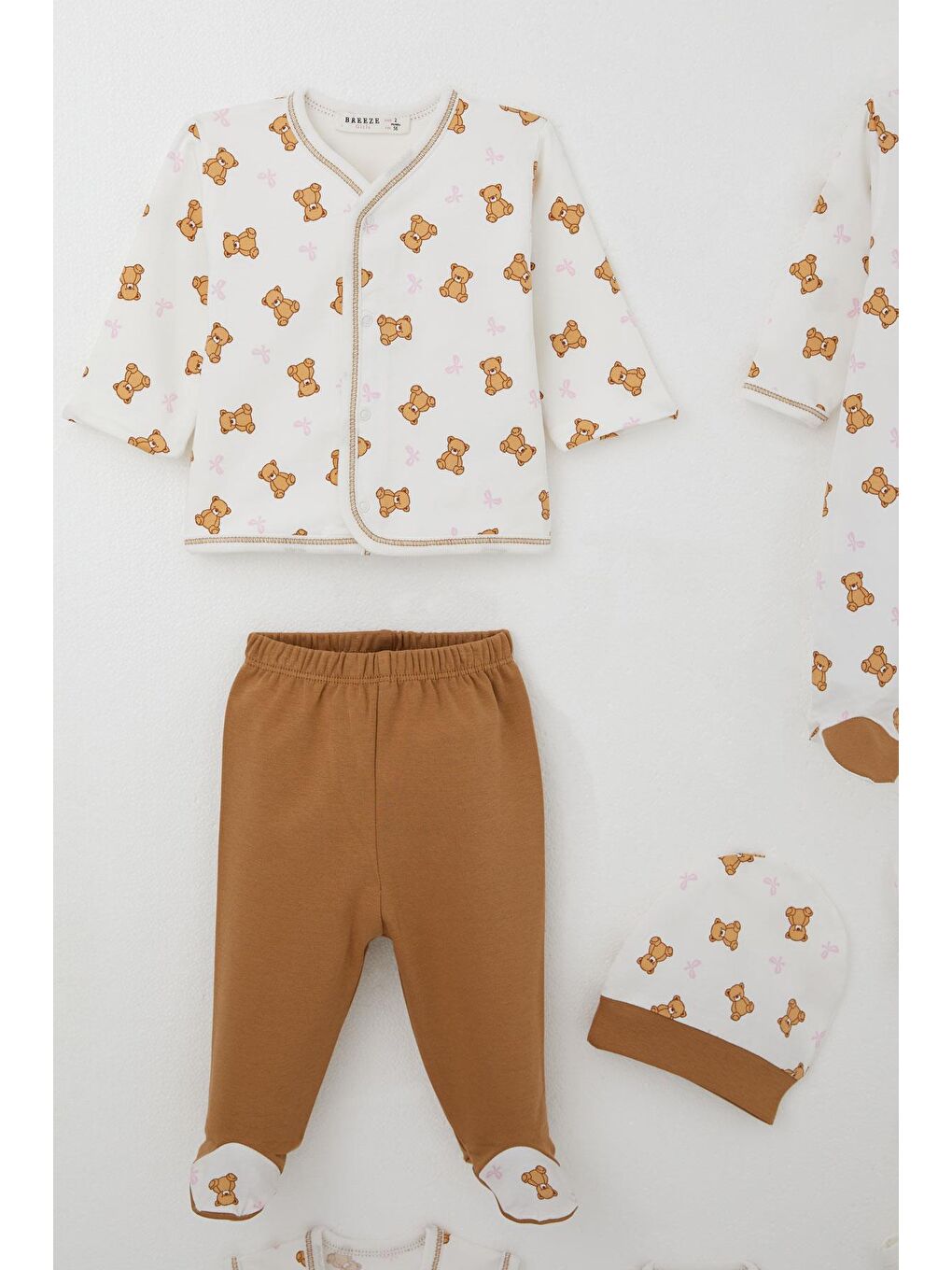 Kız Bebek Hastane Çıkışı 8 Li Sevimli Bebek Ayıcık Desenli Fiyonklu Ekru (0-3 Ay)-2