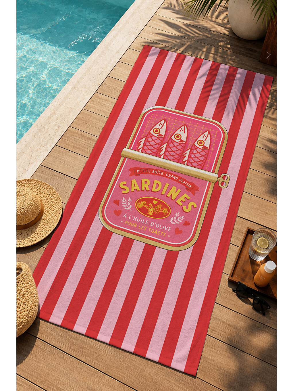 Retro Kırmızı Çizgili Sardalya Kutusu Desenli 70x150 Plaj Havlusu - Dijital Baskılı Banyo Havlusu-4