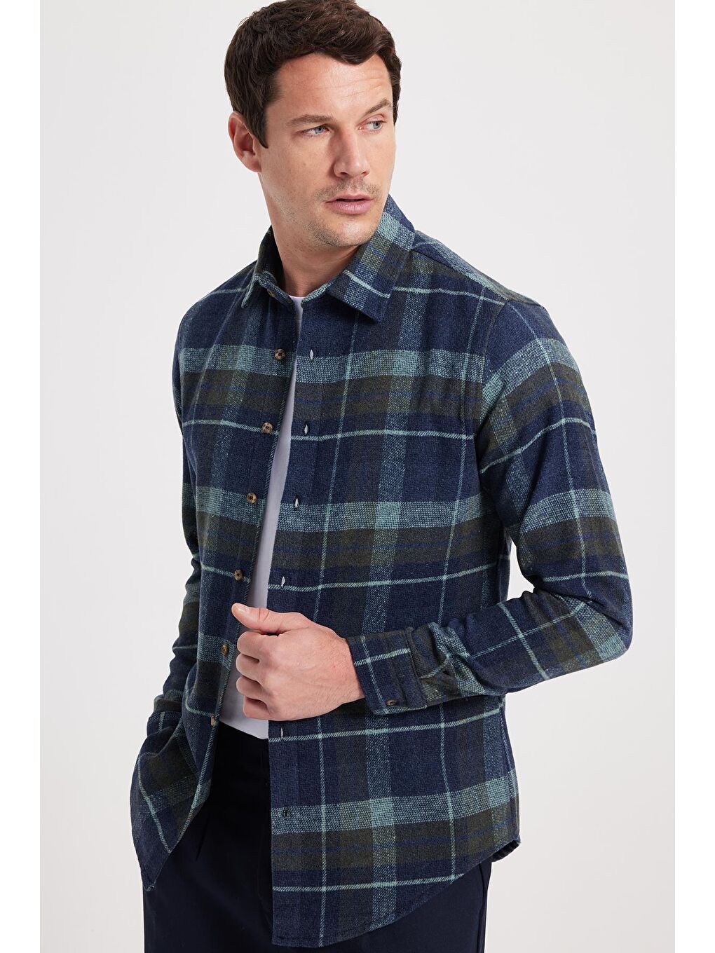 Yeşil Erkek Slim Fit Dar Kesim Kareli Kışlık Oduncu Gömlek