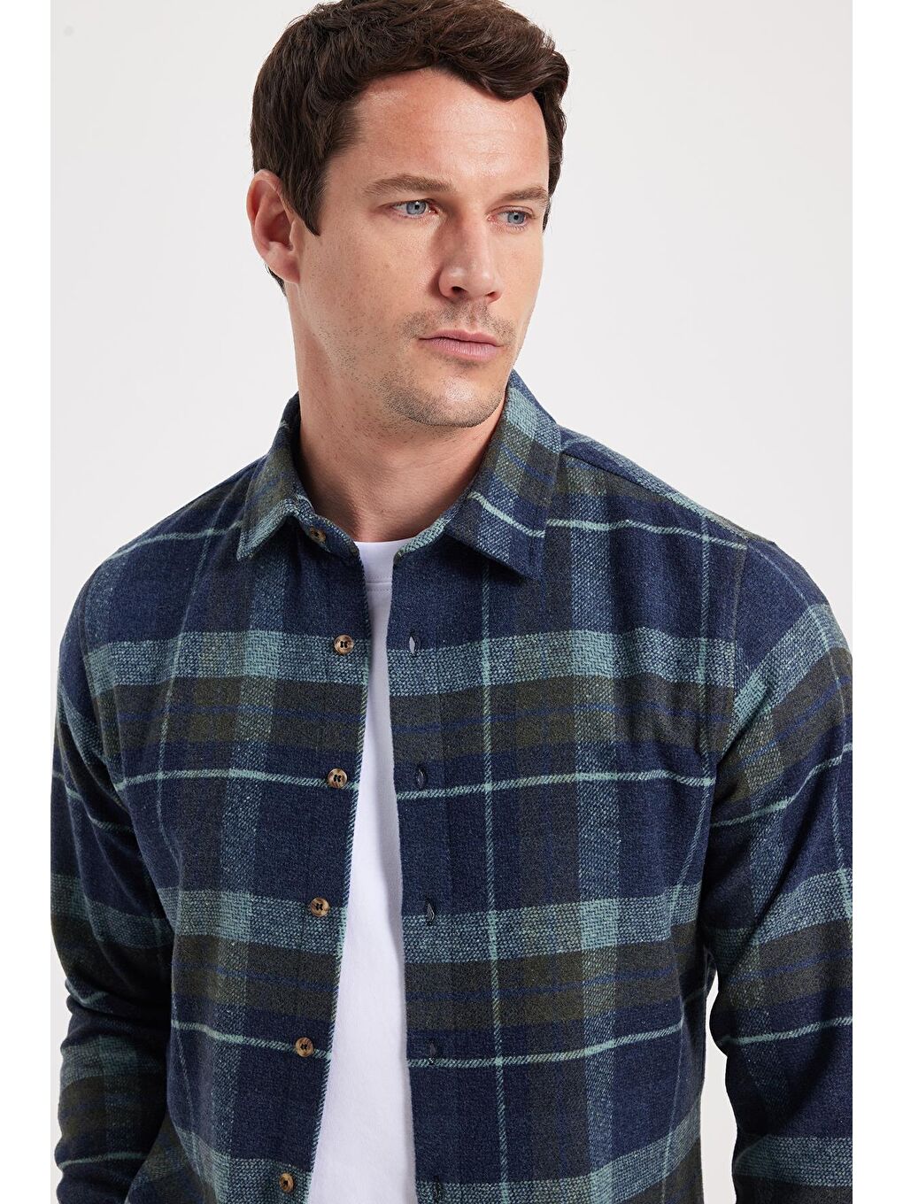 Yeşil Erkek Slim Fit Dar Kesim Kareli Kışlık Oduncu Gömlek-1