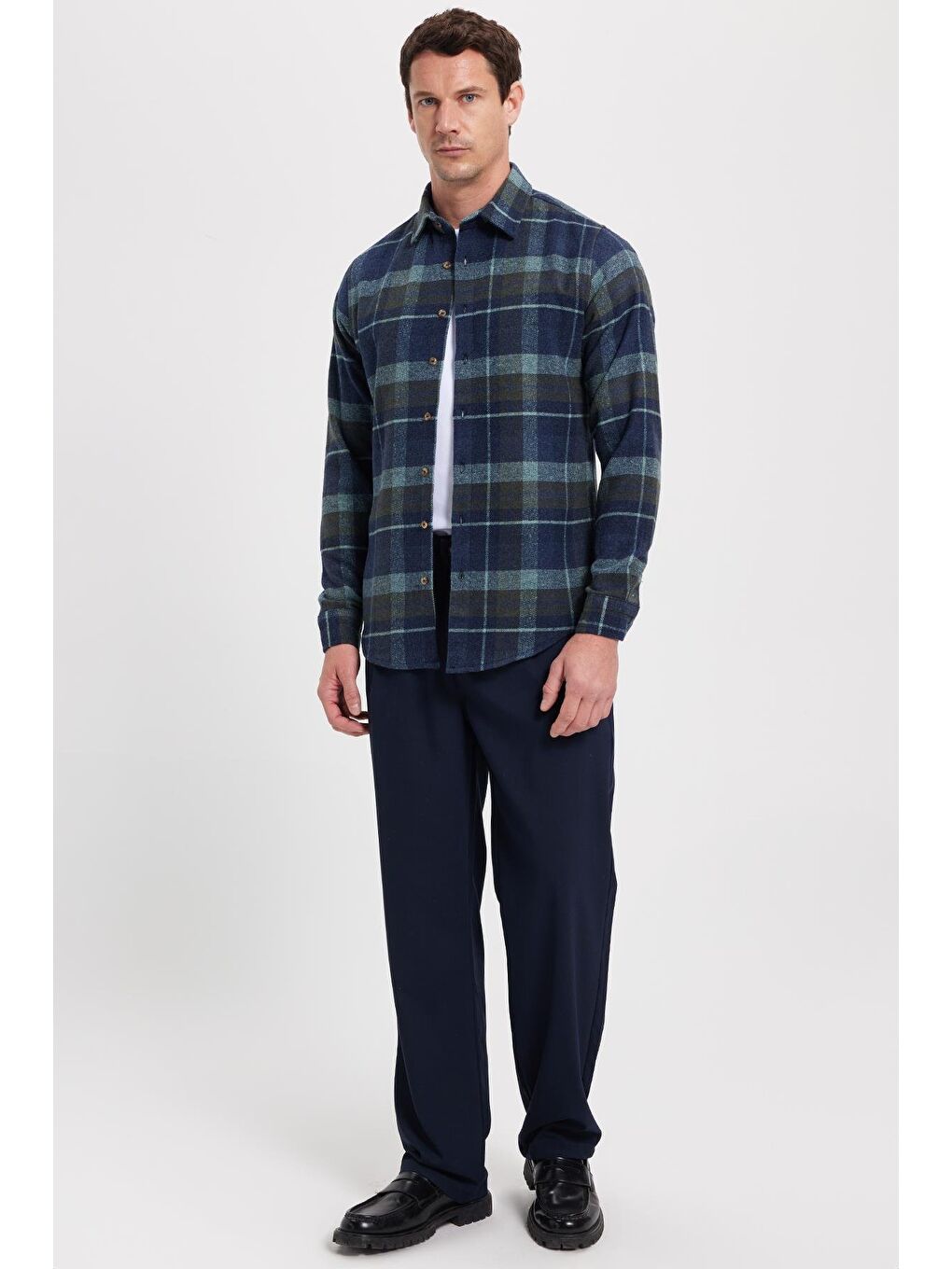 Yeşil Erkek Slim Fit Dar Kesim Kareli Kışlık Oduncu Gömlek-2