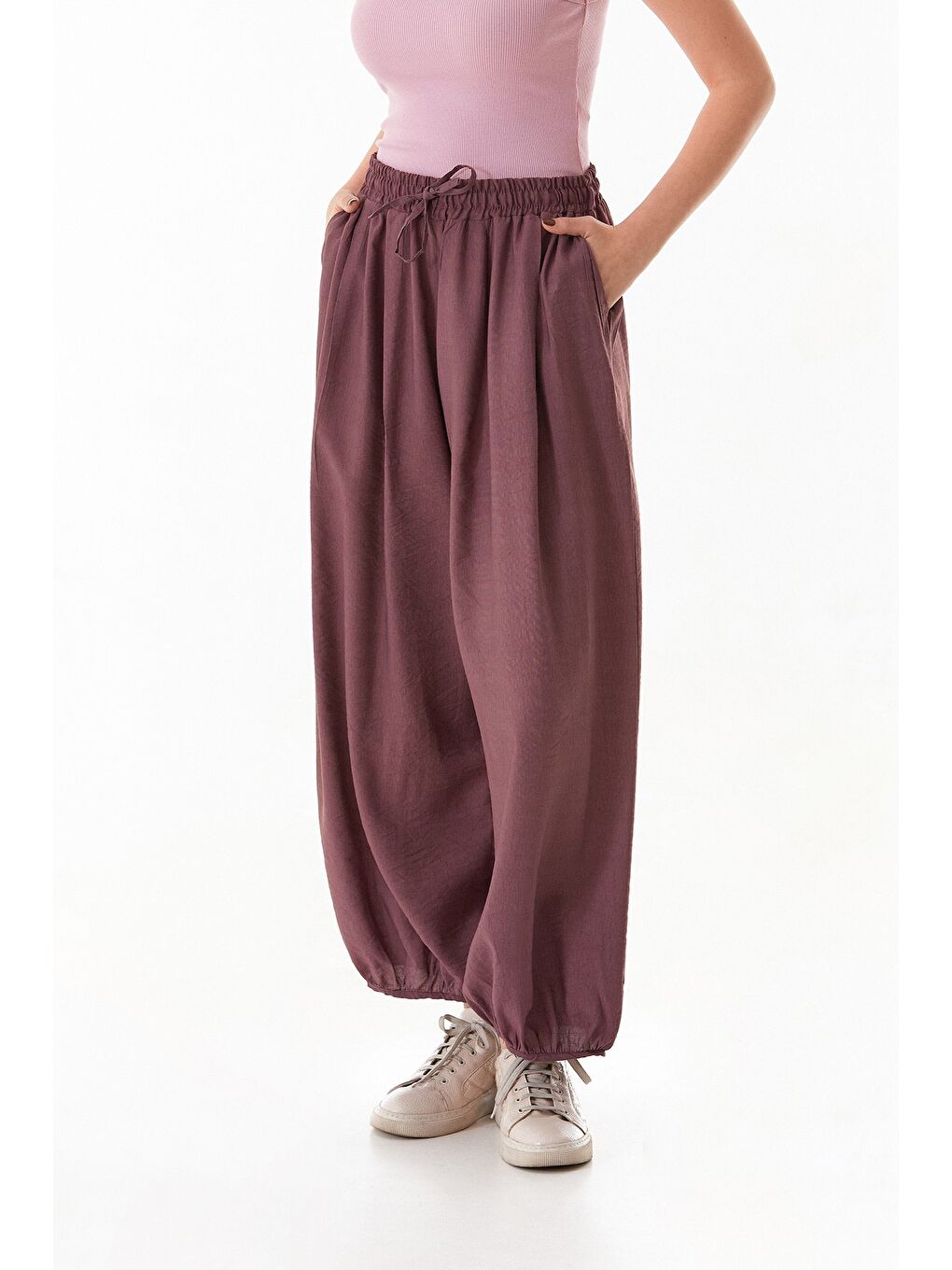 Mor Beli Ve Paçası Lastikli Şalvar Pantolon-1