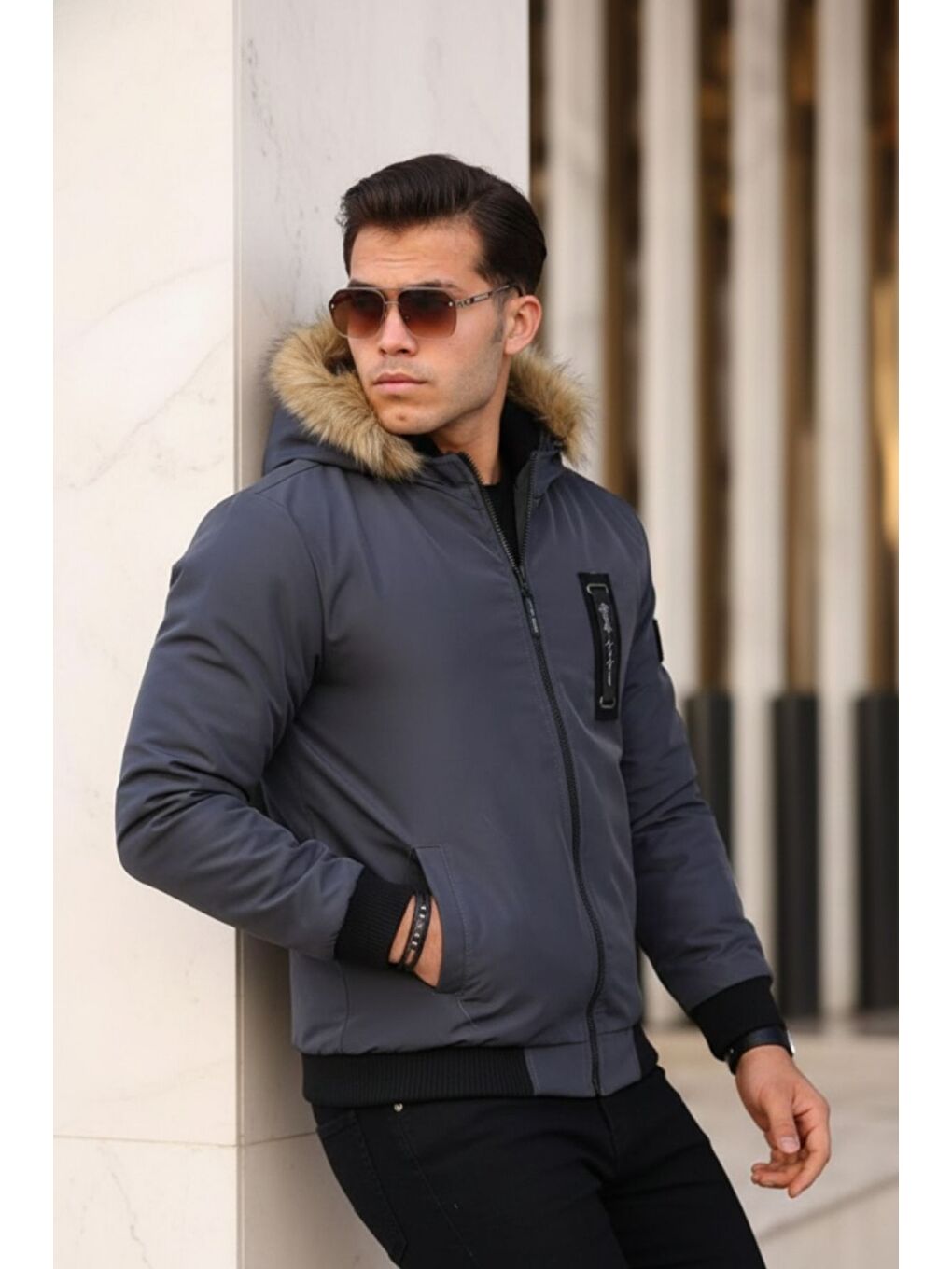 Gri Erkek Kapüşonlu Içi Kürklü Suya Dayanıklı Cepli Füme Mont-2