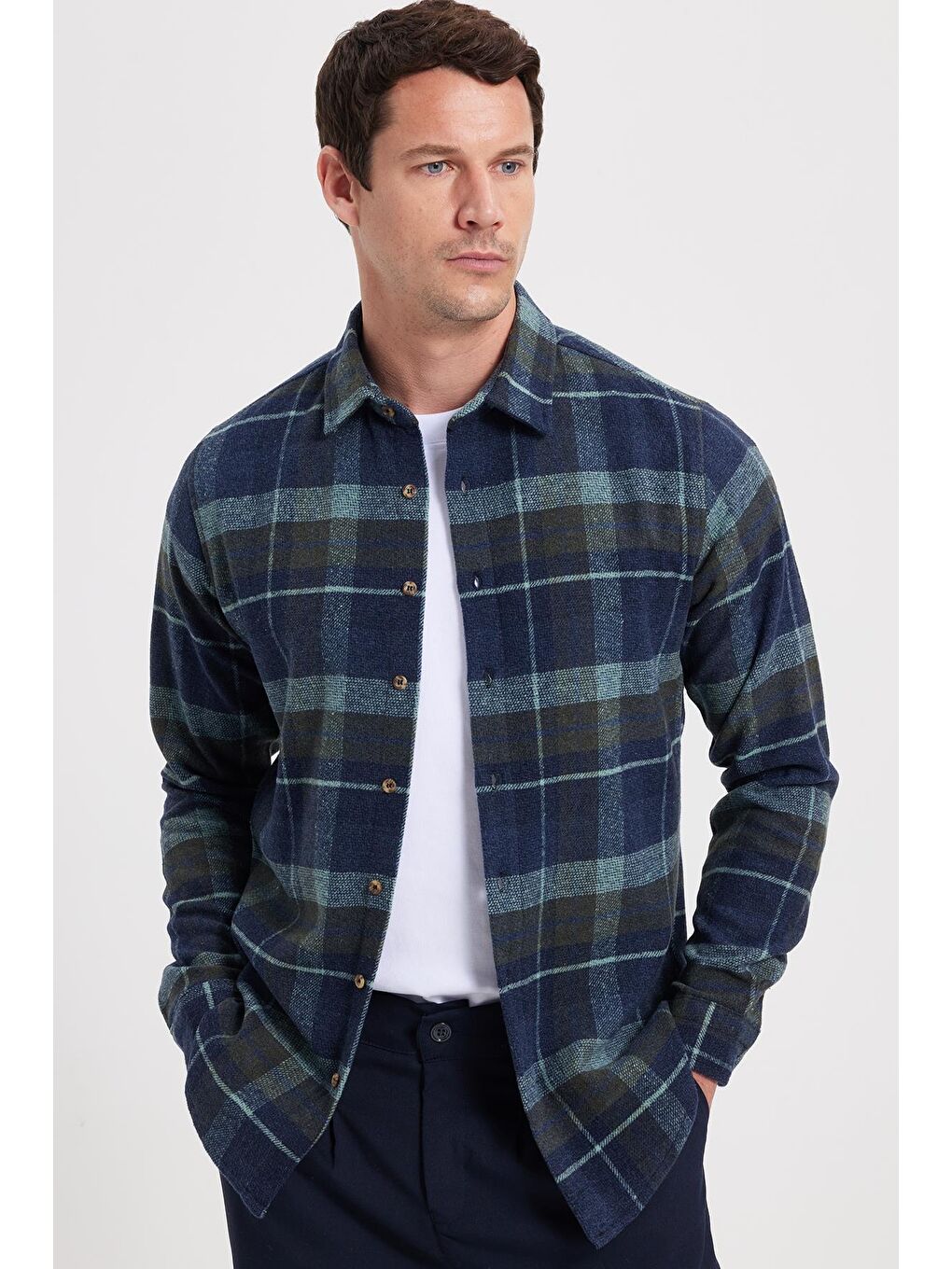 Yeşil Erkek Slim Fit Dar Kesim Kareli Kışlık Oduncu Gömlek-6