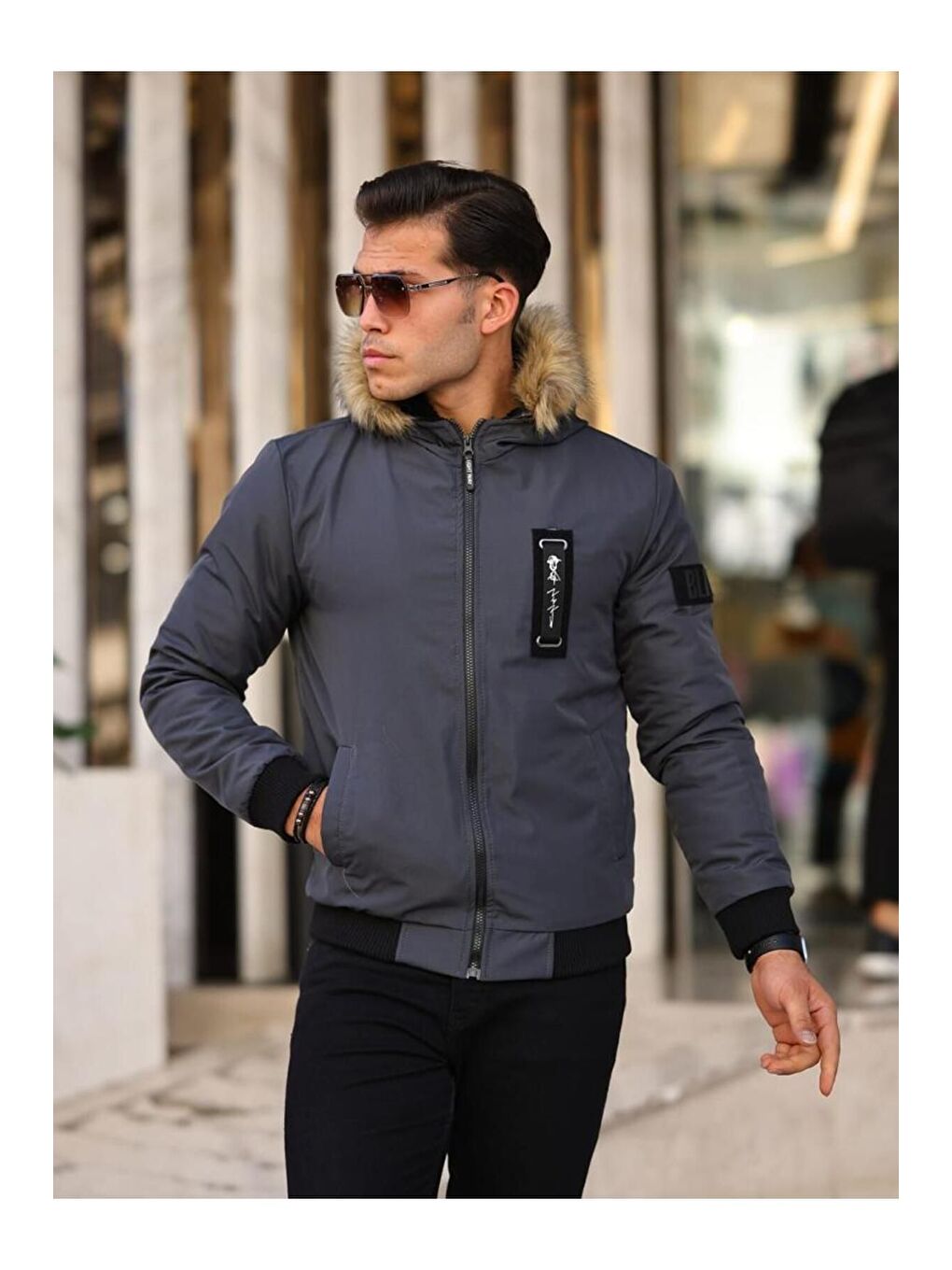 Gri Erkek Kapüşonlu Içi Kürklü Suya Dayanıklı Cepli Füme Mont-5