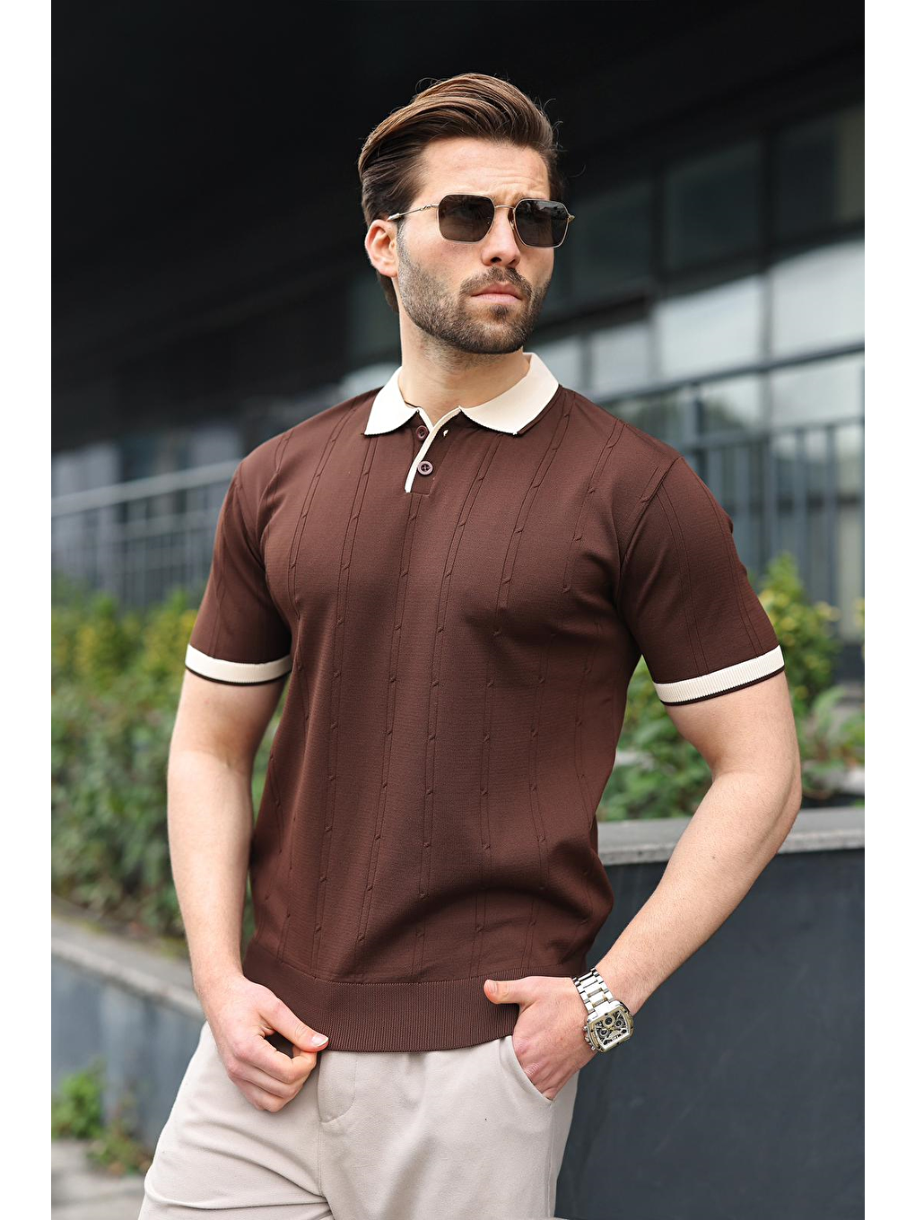 Kahverengi Polo Yaka Triko Erkek Tişört E7470-1