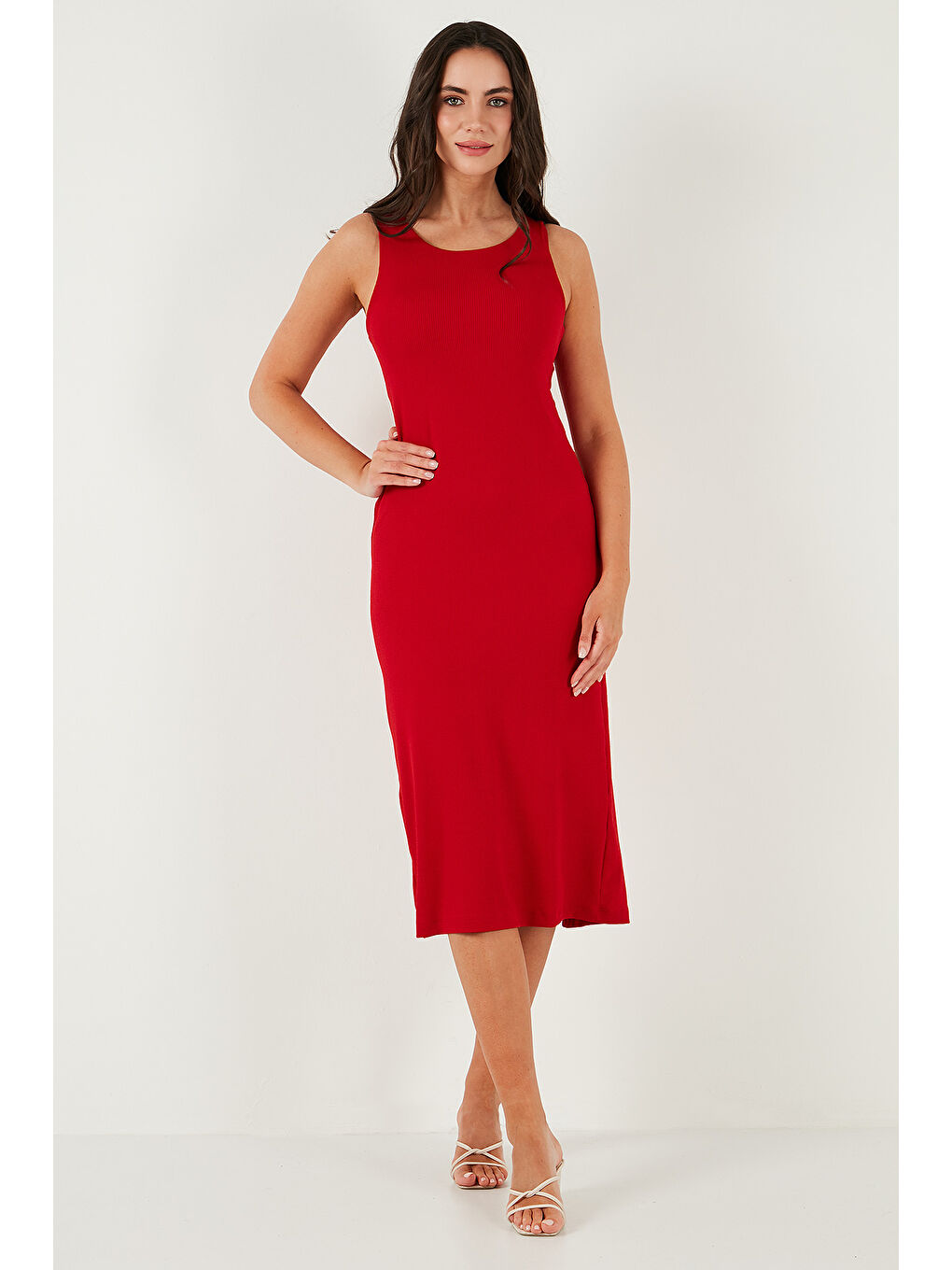 Kırmızı Fitilli Slim Fit Bisiklet Yaka Yırtmaçlı Midi Boy Kadın Elbise 5866101-4
