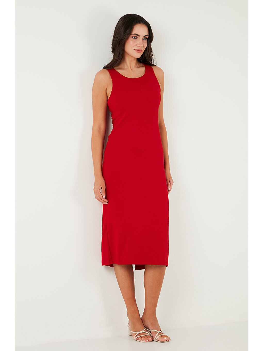 Kırmızı Fitilli Slim Fit Bisiklet Yaka Yırtmaçlı Midi Boy Kadın Elbise 5866101-5