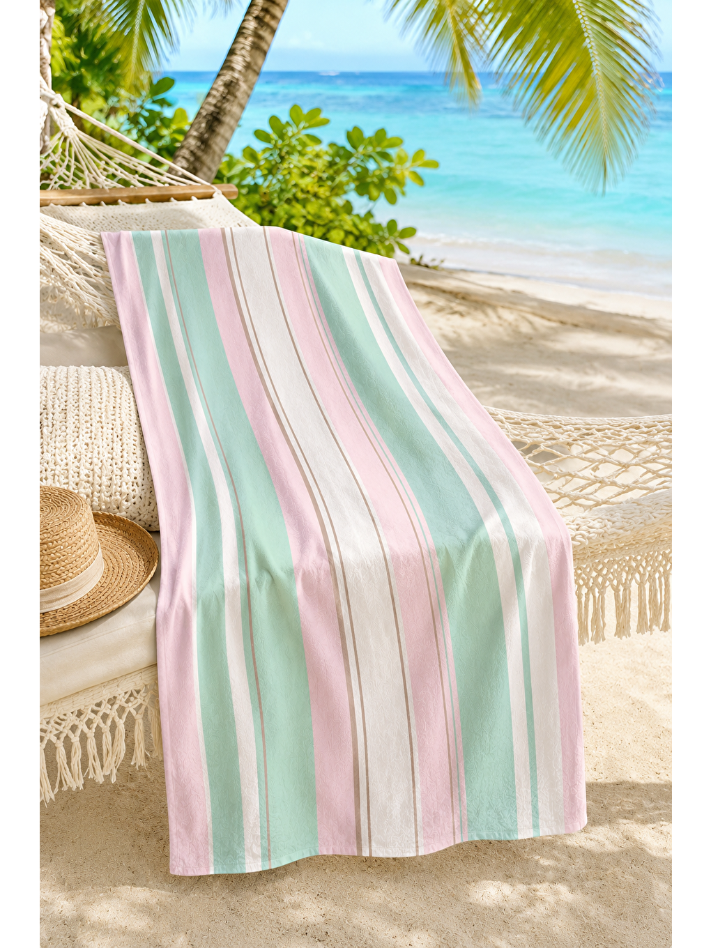 Turkuaz Pembe Mint İnce Şerit Desenli 70x150 Plaj Havlusu-1