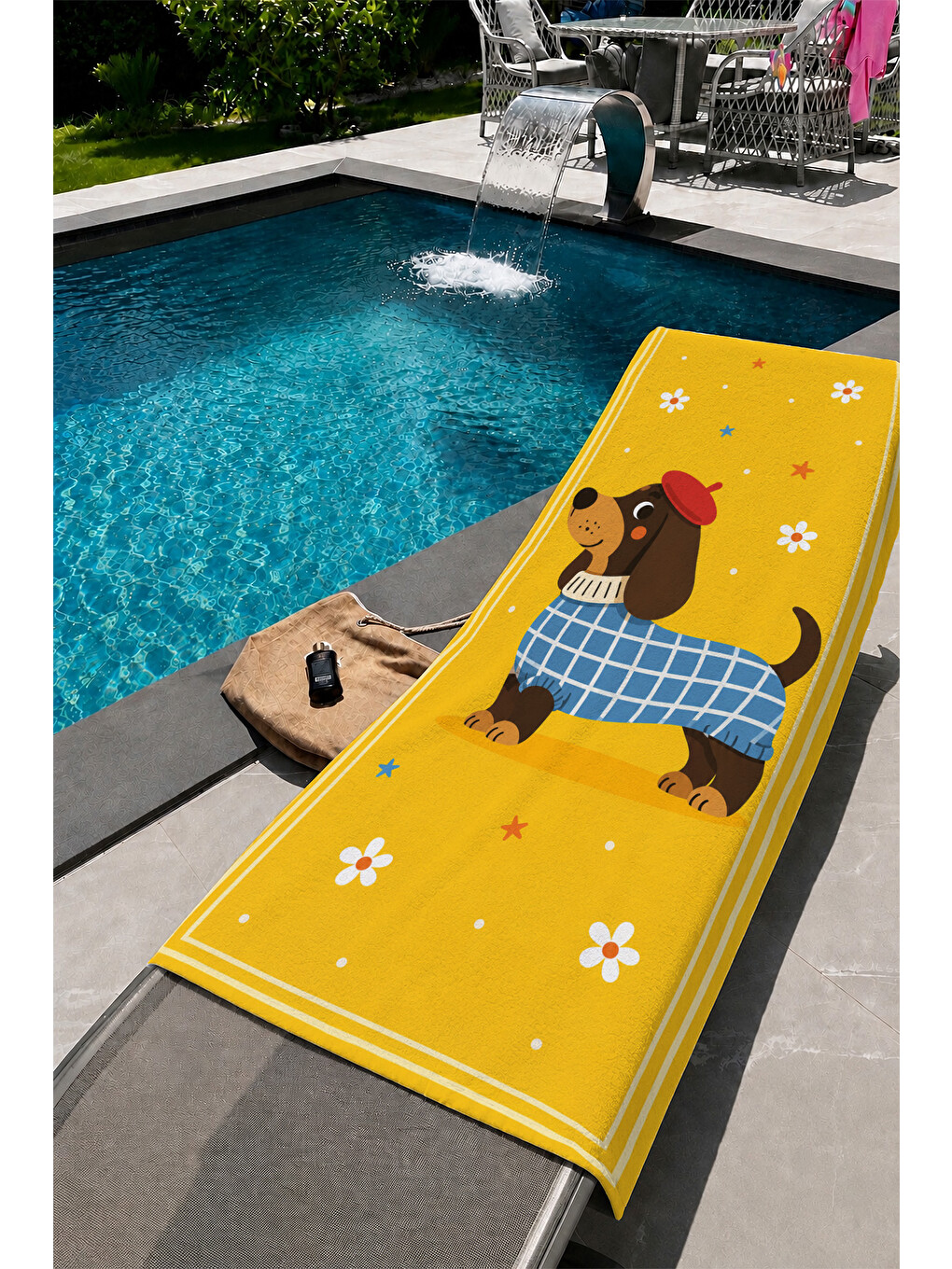 Bej Sarı Dachshund Pati Desenli 70x150 Plaj Havlusu-1