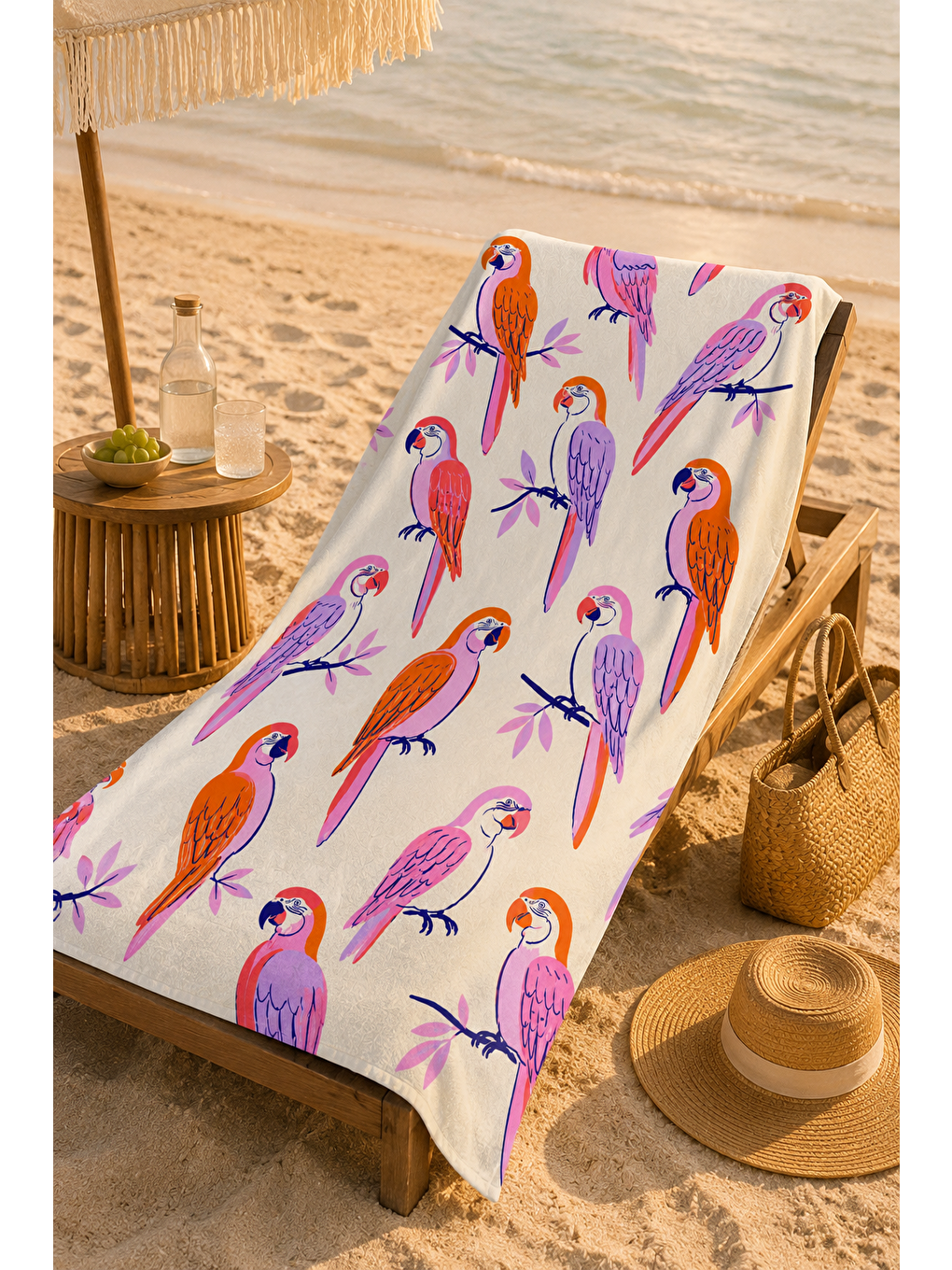 Bej Renkli Kuş Tropik Desenli 70x150 Plaj Havlusu-1