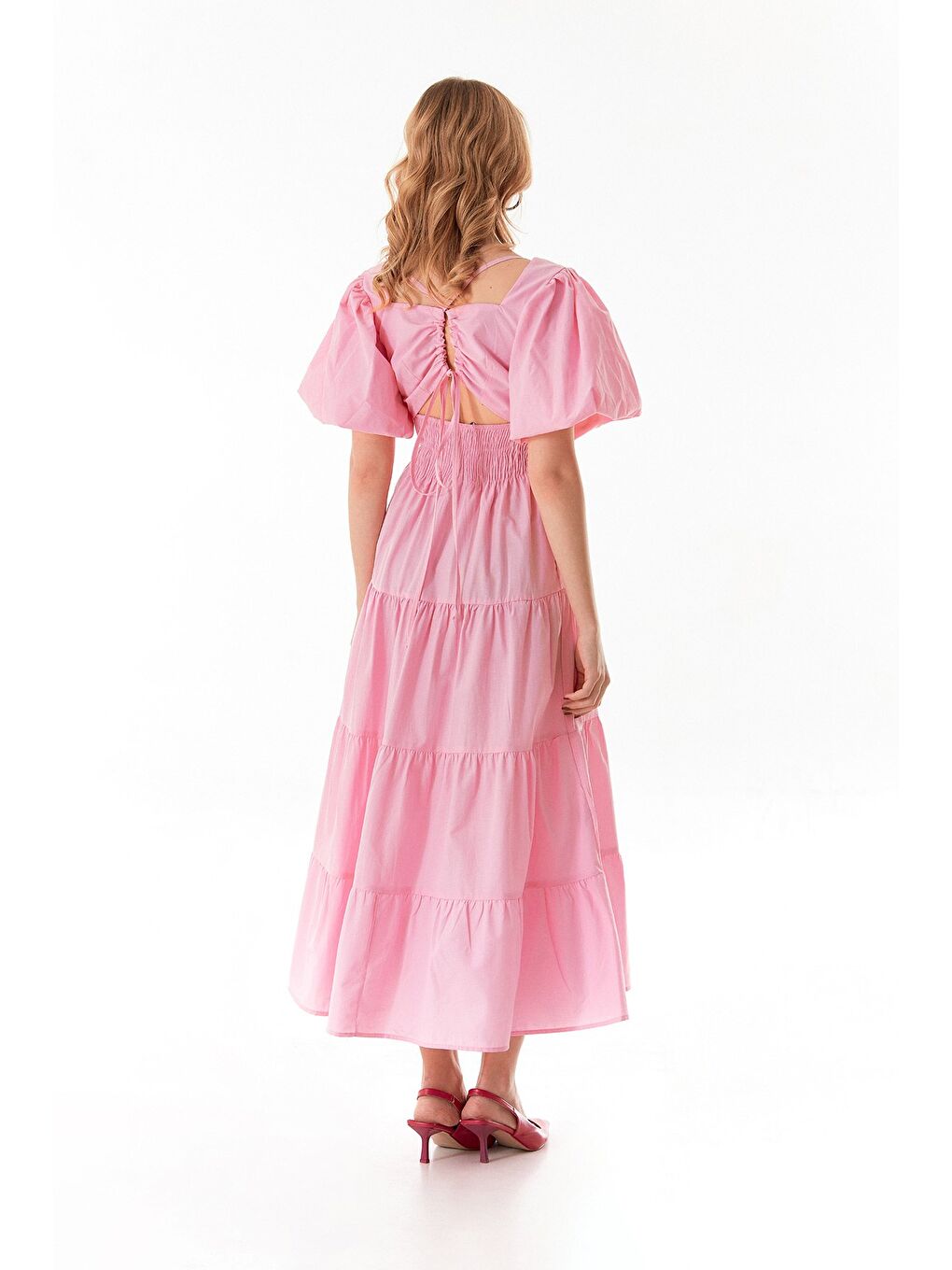 Pembe Beli Lastikli Sırtı Dekolteli Balon Kol Elbise-1