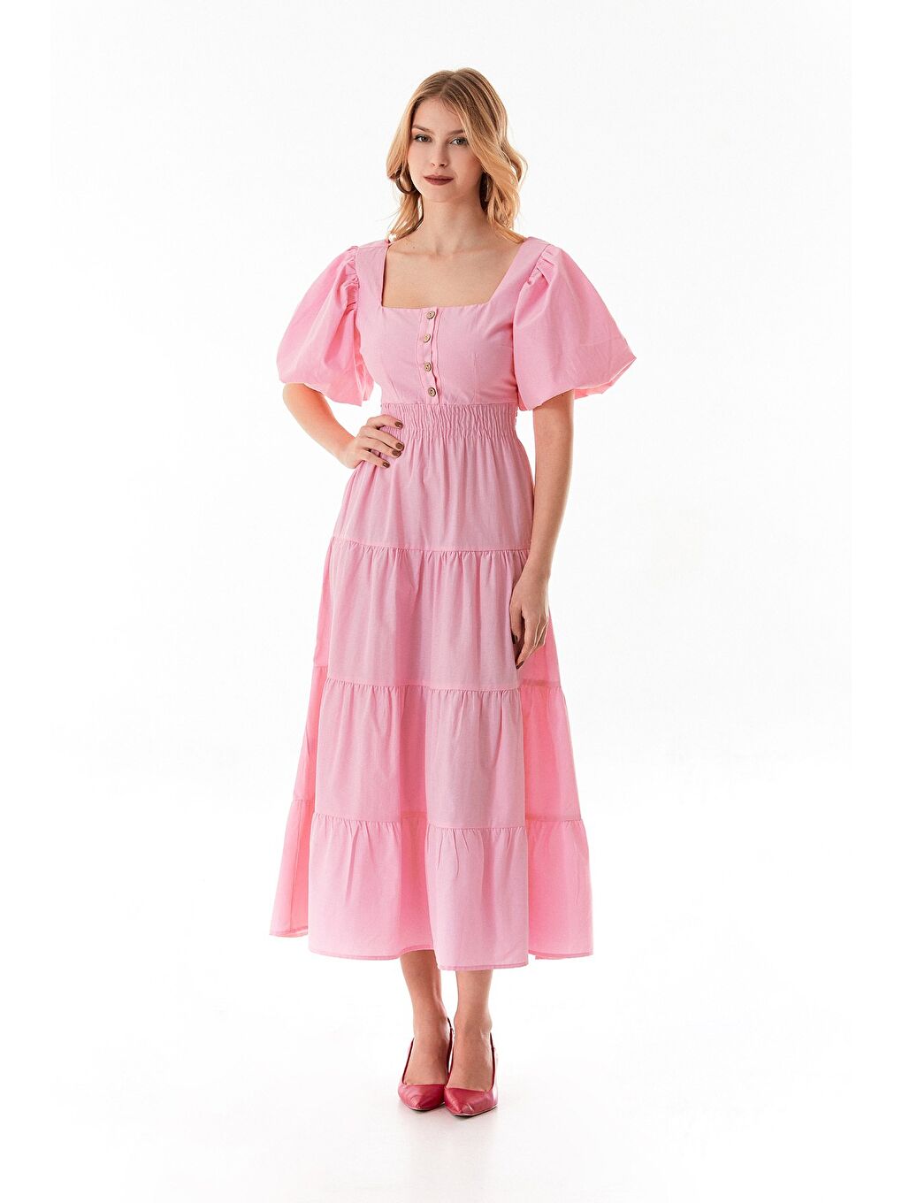 Pembe Beli Lastikli Sırtı Dekolteli Balon Kol Elbise-2