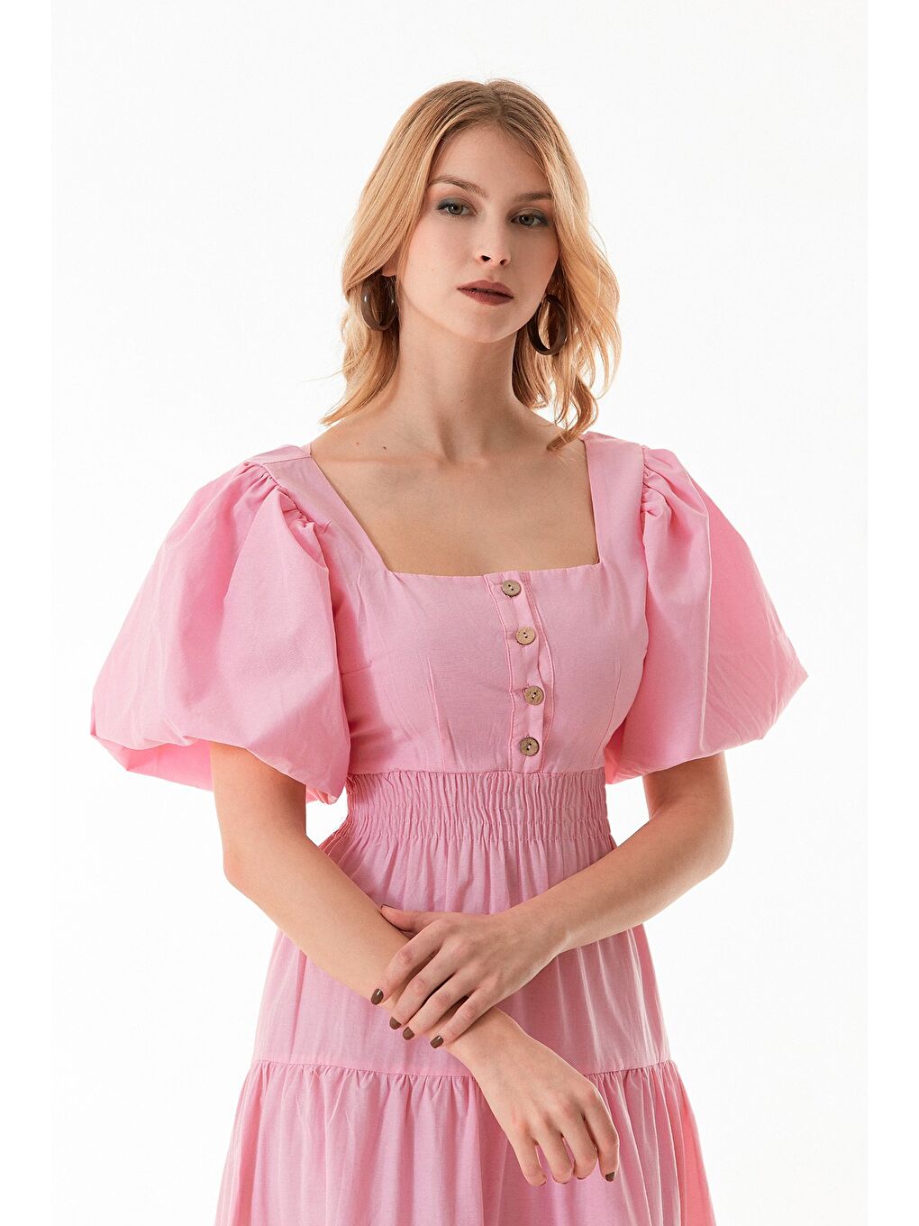 Pembe Beli Lastikli Sırtı Dekolteli Balon Kol Elbise-3