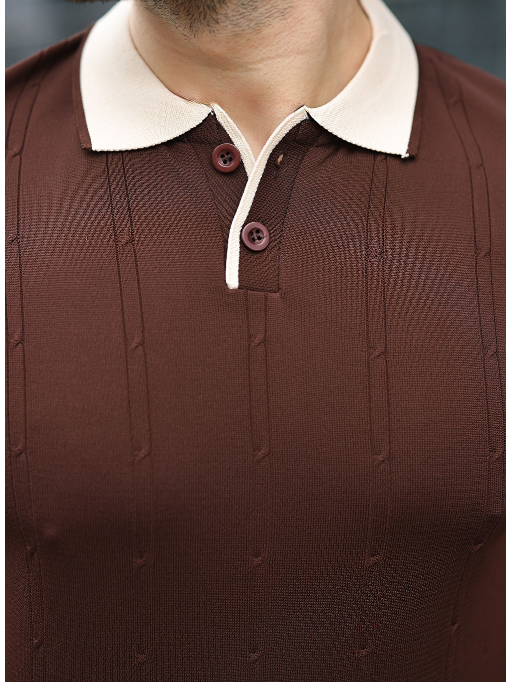 Kahverengi Polo Yaka Triko Erkek Tişört E7470-3