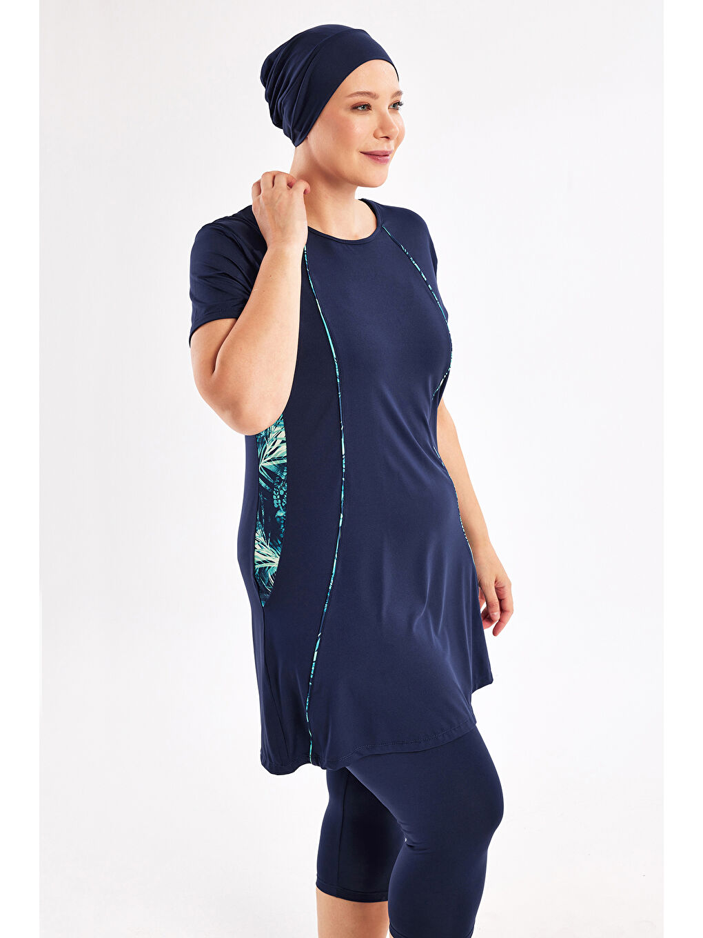 Büyük Beden Kısa Kollu Yarı Kapalı Mayo 2804 Koyu Lacivert