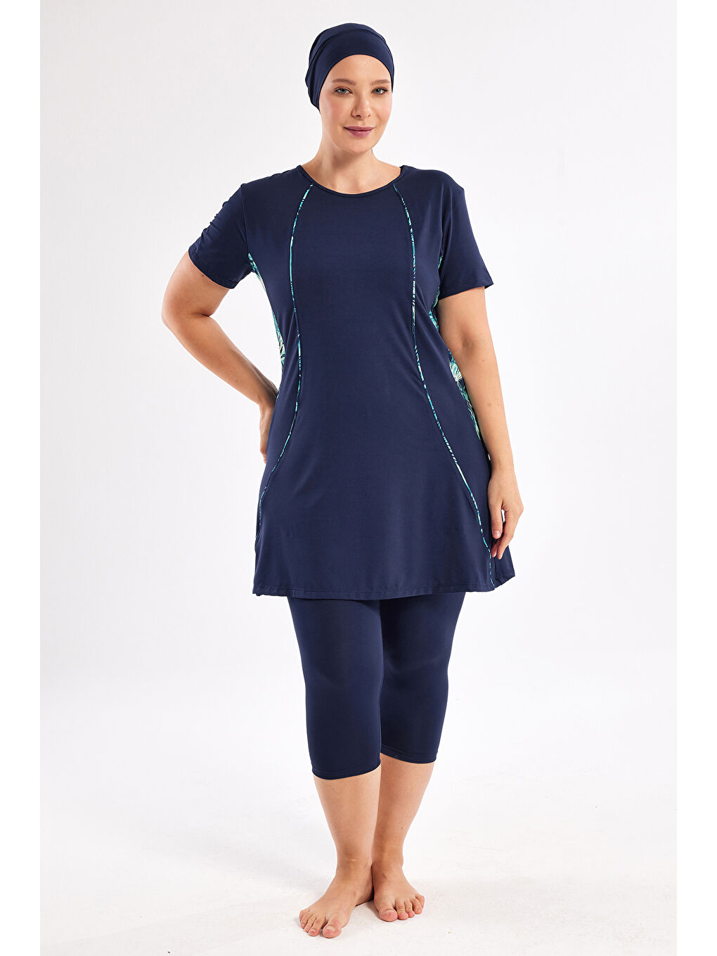 Büyük Beden Kısa Kollu Yarı Kapalı Mayo 2804 Koyu Lacivert-1