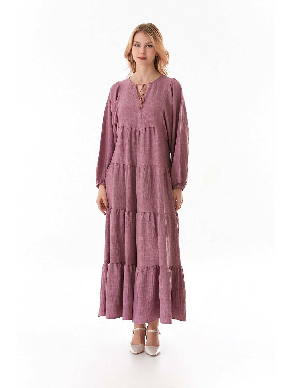 Pembe Fullamodest Yakası Bağlamalı V Yaka Elbise