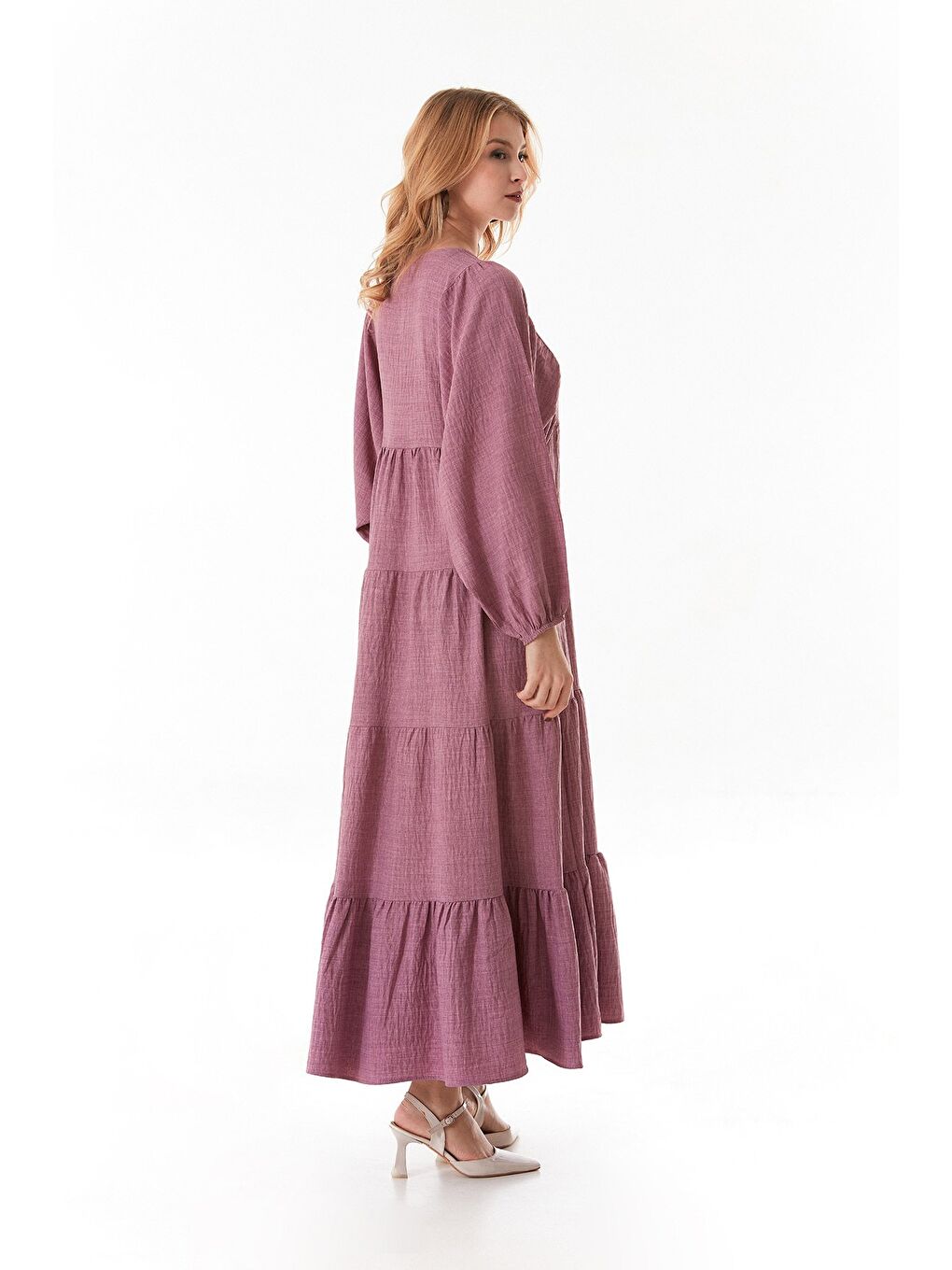 Pembe Fullamodest Yakası Bağlamalı V Yaka Elbise-1