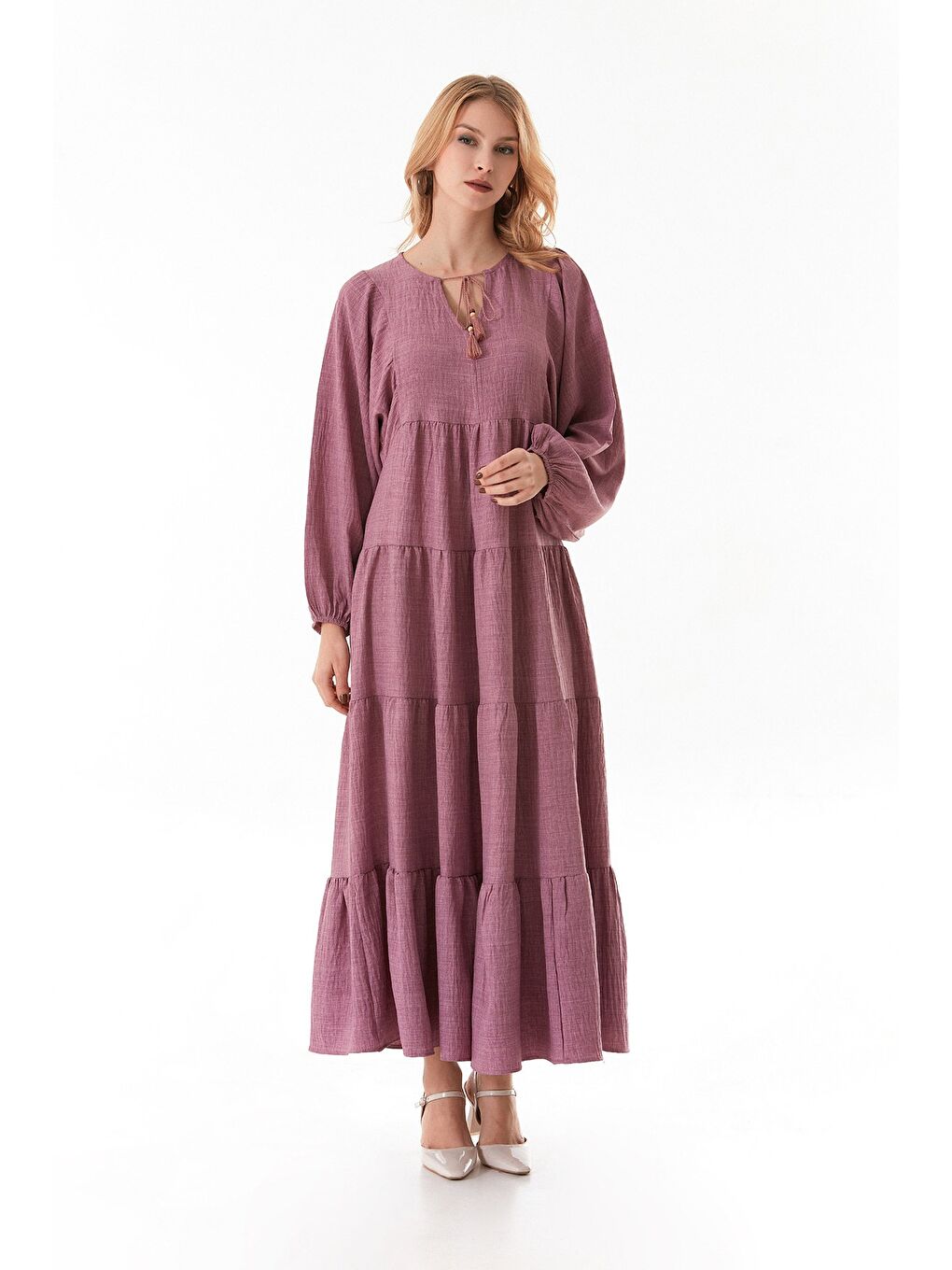 Pembe Fullamodest Yakası Bağlamalı V Yaka Elbise-2