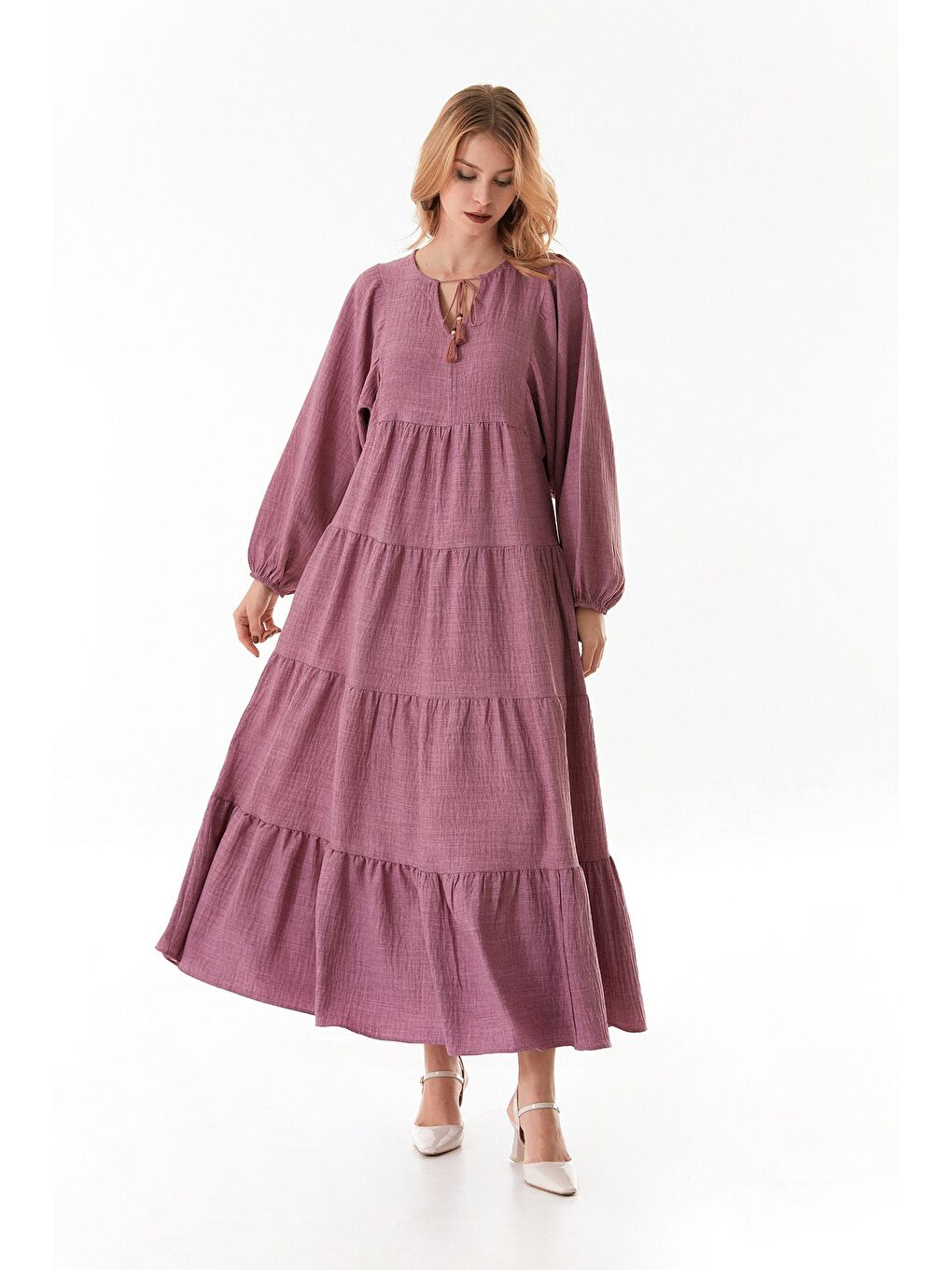 Pembe Fullamodest Yakası Bağlamalı V Yaka Elbise-3