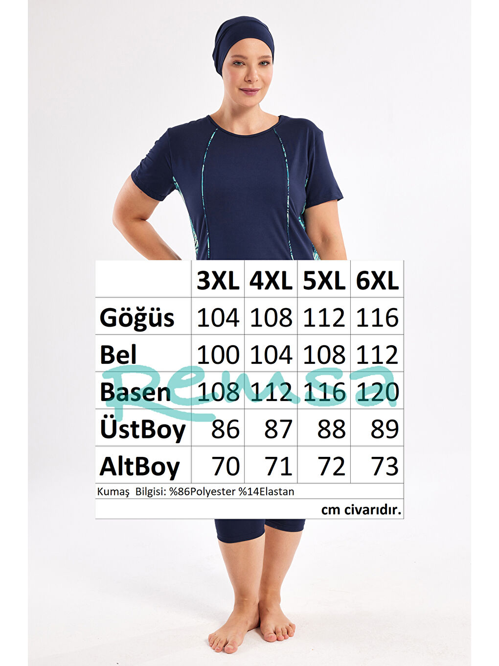 Büyük Beden Kısa Kollu Yarı Kapalı Mayo 2804 Koyu Lacivert-3