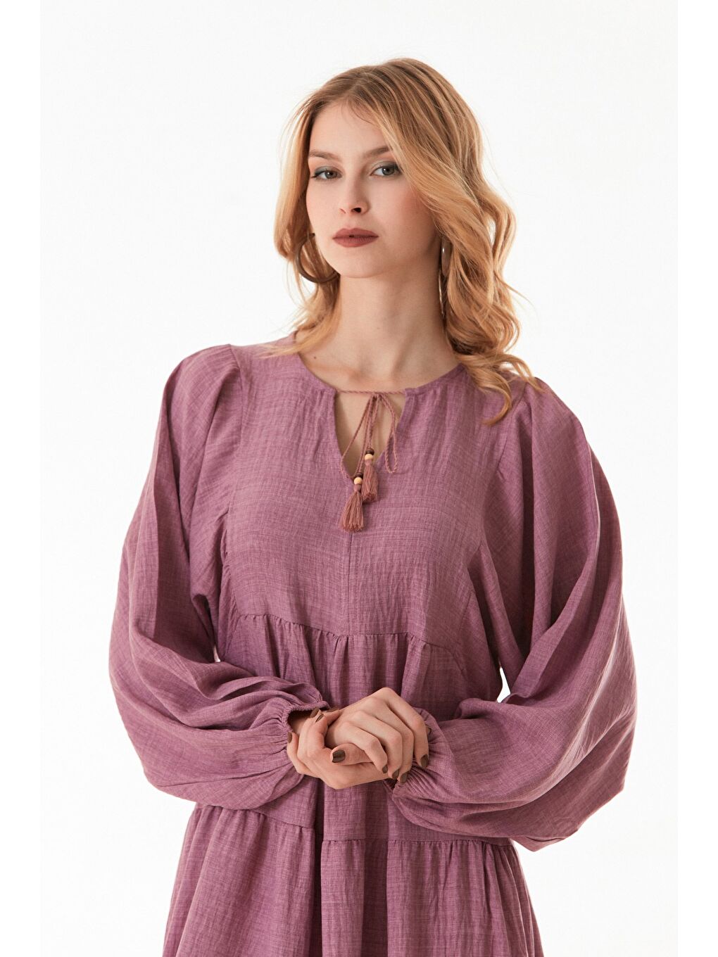 Pembe Fullamodest Yakası Bağlamalı V Yaka Elbise-4