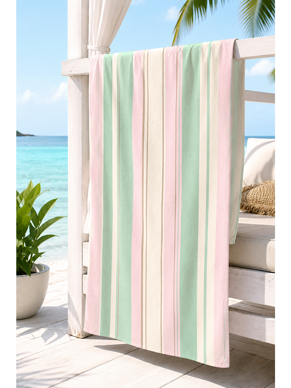 Turkuaz Pembe Mint İnce Şerit Desenli 70x150 Plaj Havlusu-2