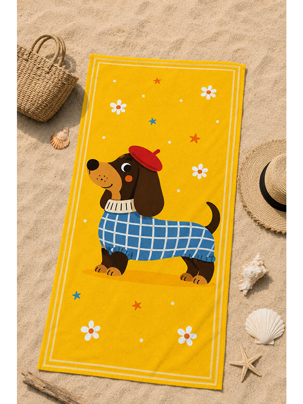 Bej Sarı Dachshund Pati Desenli 70x150 Plaj Havlusu-2