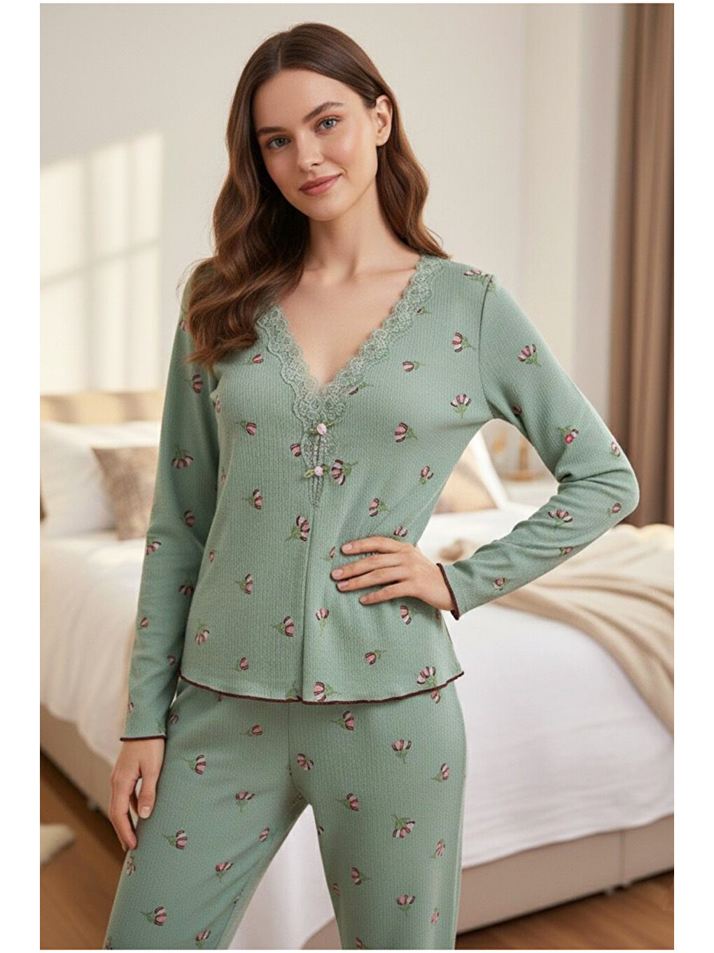 Yeşil Çiçek Desenli Dantelli Bürümcük-krınkıl Uzun Kollu Pijama Takım 7958-1