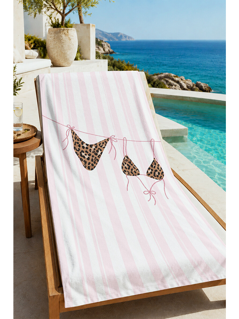 Retro Leopar Bikini Pembe Çizgili Desenli 70x150 Plaj Havlusu - Dijital Baskılı Solmaz Banyo Havlusu-1