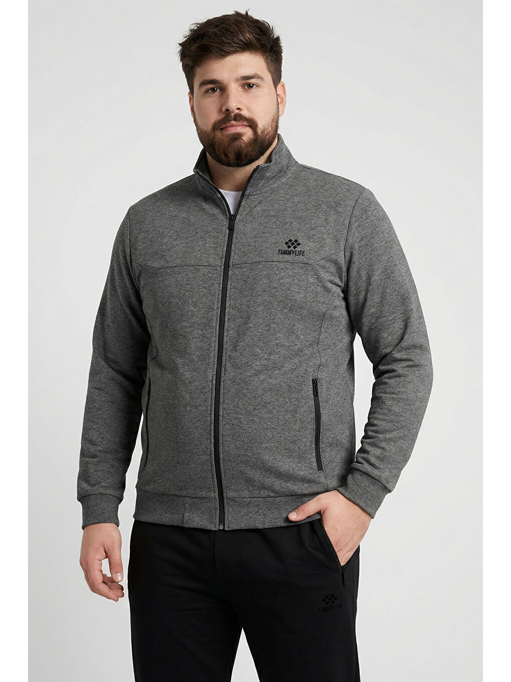 Antrasit Melanj - Siyah Dik Yaka Battal Büyük Beden Erkek Eşofman Takım - 85176-2