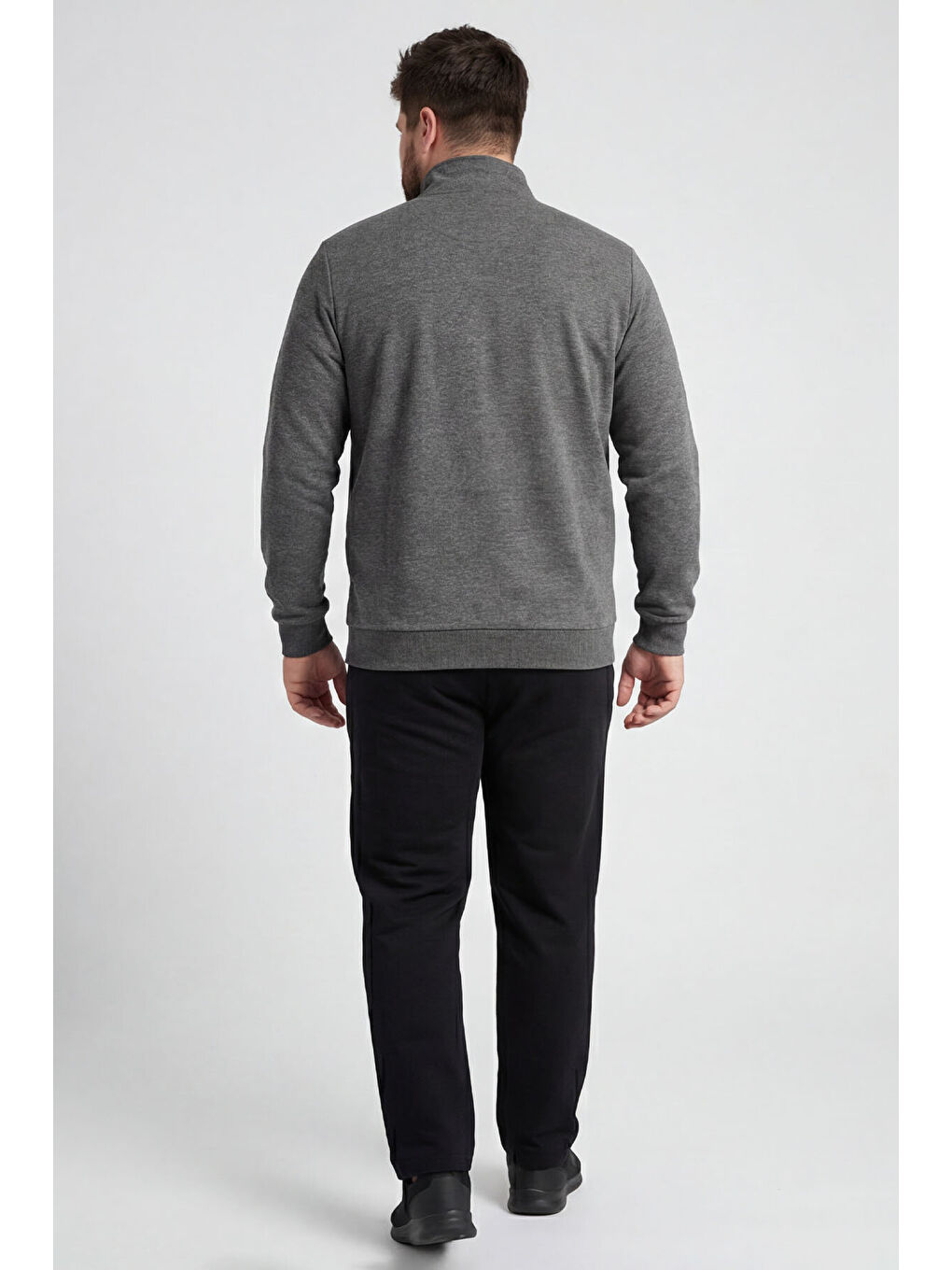 Antrasit Melanj - Siyah Dik Yaka Battal Büyük Beden Erkek Eşofman Takım - 85176-3