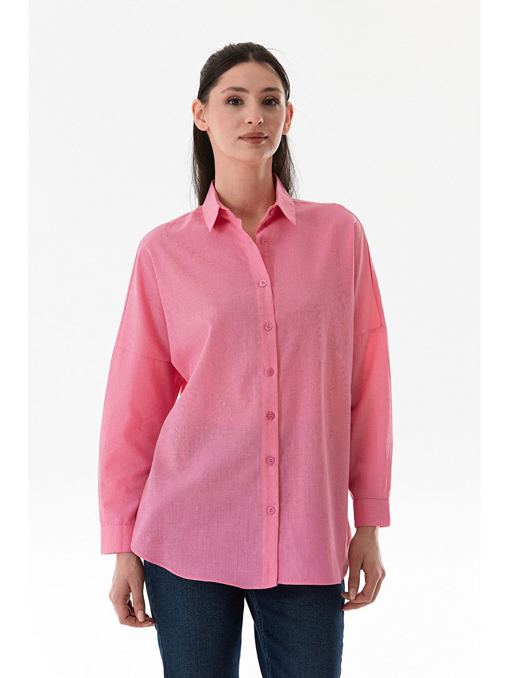 Pembe Basic Düğmeli Salaş Gömlek
