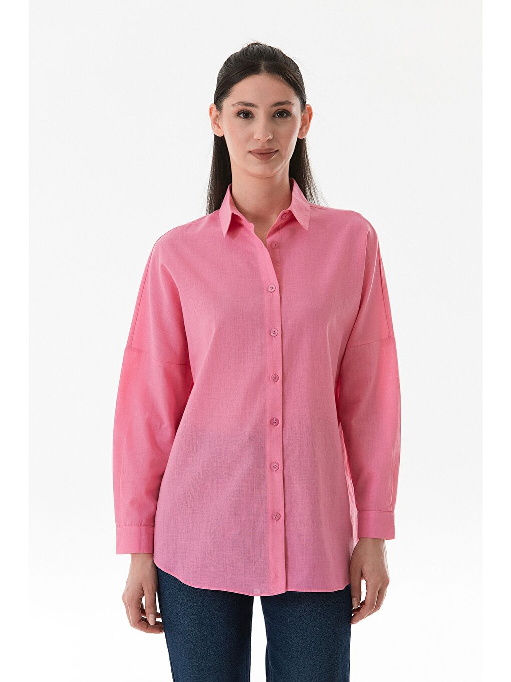 Pembe Basic Düğmeli Salaş Gömlek-1