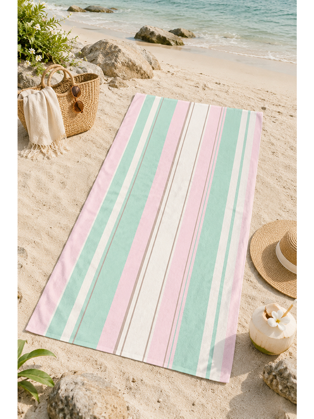 Turkuaz Pembe Mint İnce Şerit Desenli 70x150 Plaj Havlusu-3