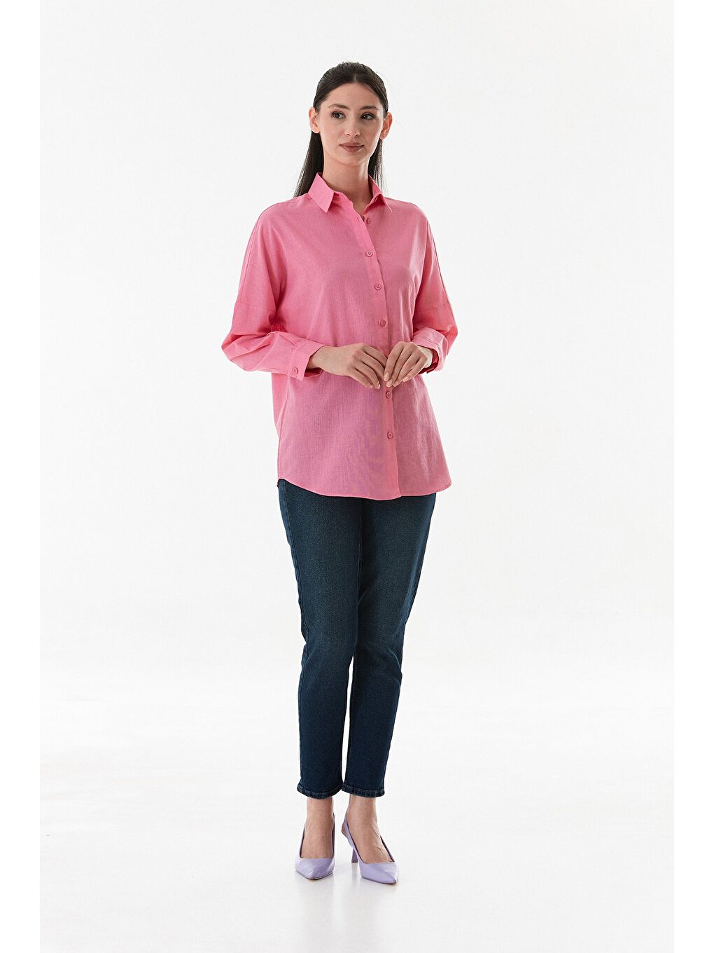 Pembe Basic Düğmeli Salaş Gömlek-2
