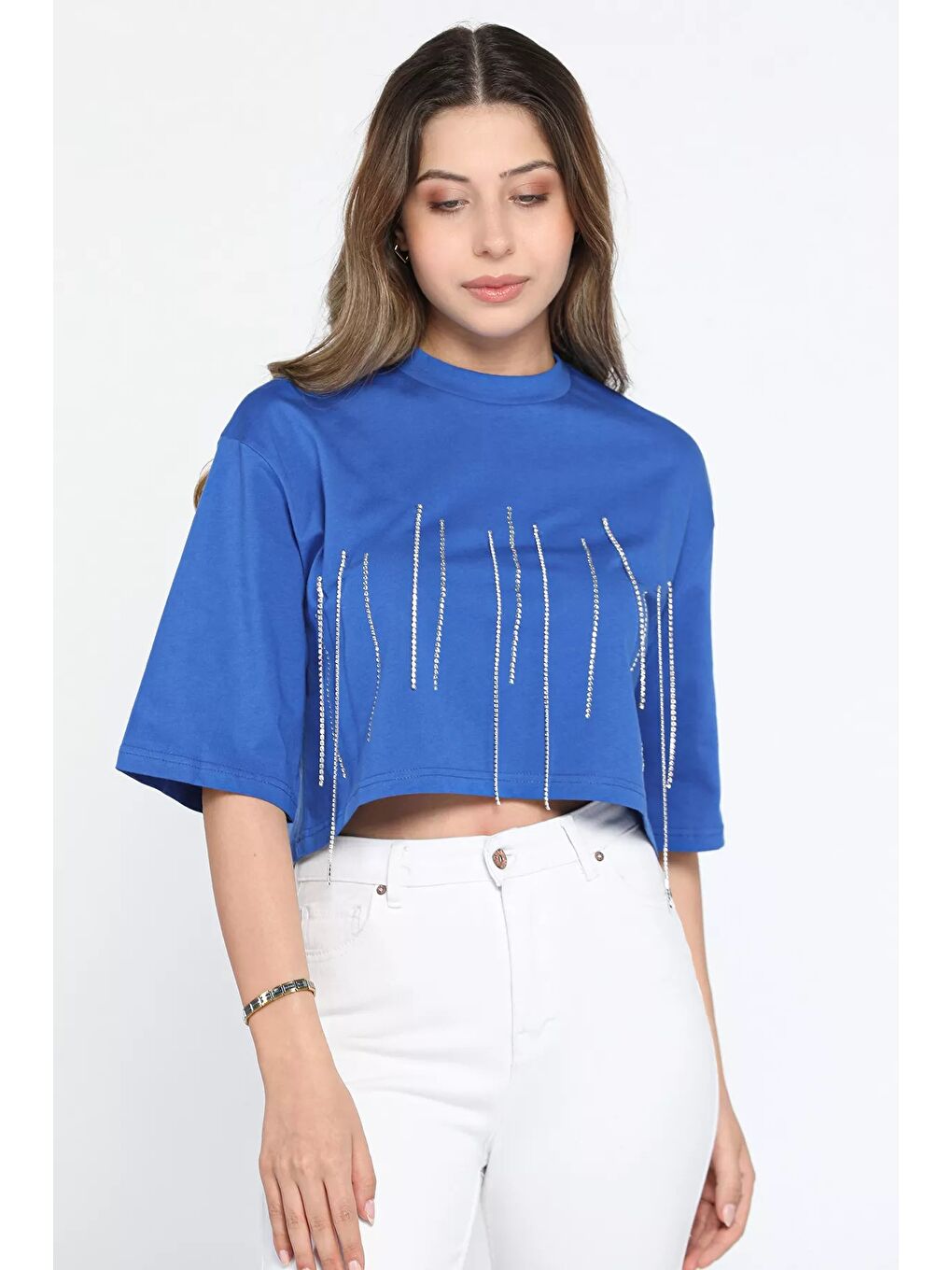 GÜLSELİ Mavi Bisiklet Yaka Taş İşlemeli Oversize Crop Top Bluz - 1