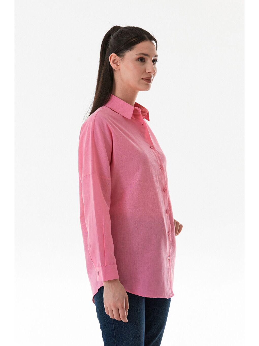Pembe Basic Düğmeli Salaş Gömlek-3