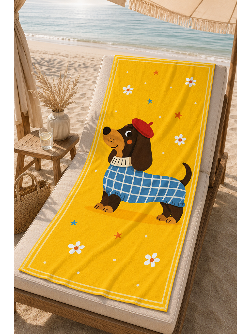 Bej Sarı Dachshund Pati Desenli 70x150 Plaj Havlusu-3