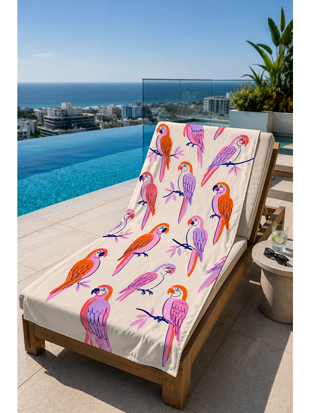 Bej Renkli Kuş Tropik Desenli 70x150 Plaj Havlusu-3