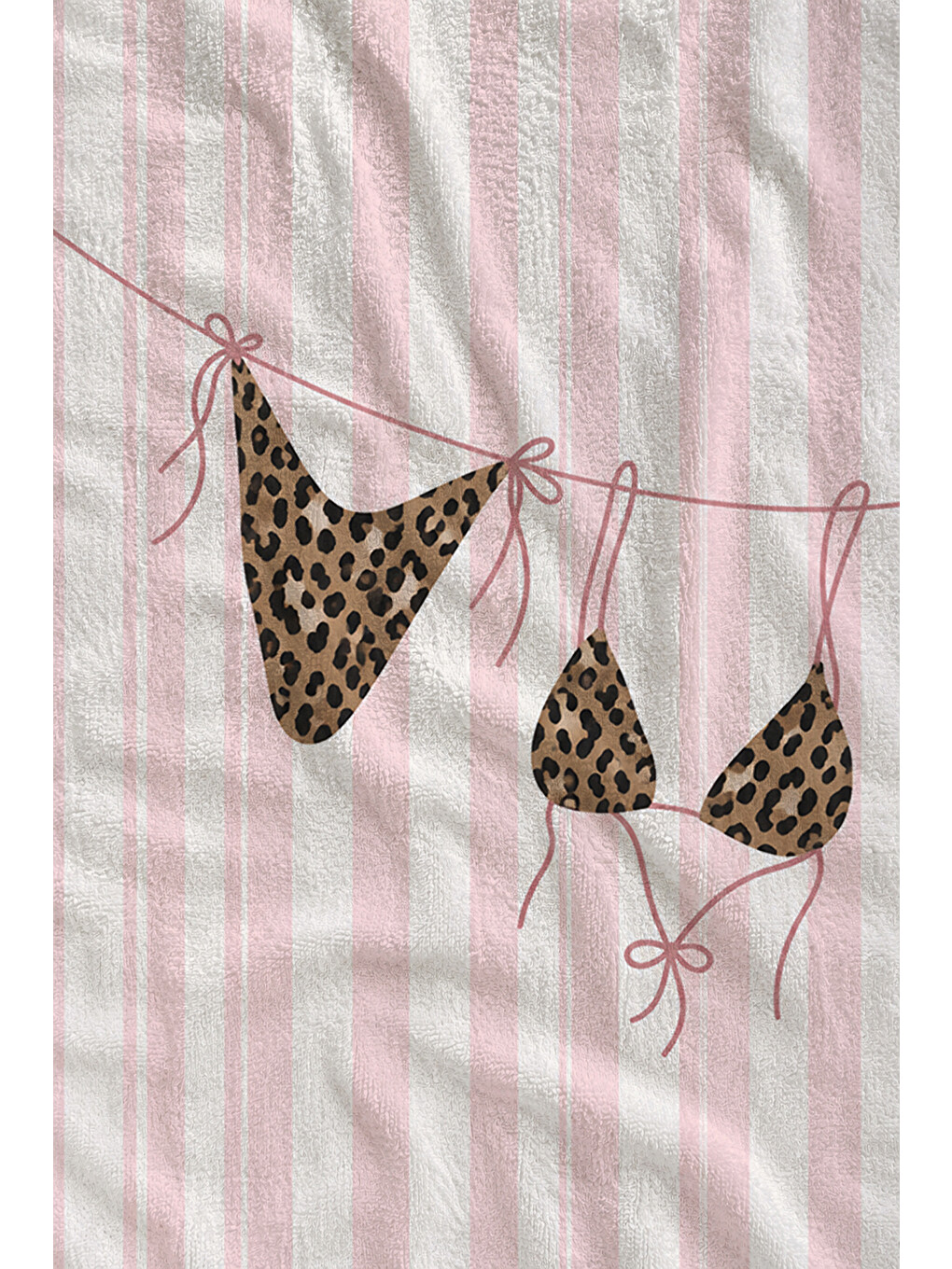 Retro Leopar Bikini Pembe Çizgili Desenli 70x150 Plaj Havlusu - Dijital Baskılı Solmaz Banyo Havlusu-2