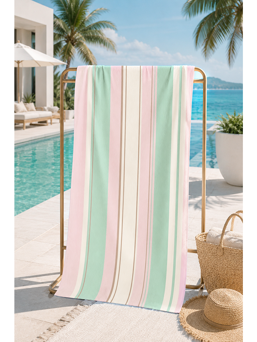 Turkuaz Pembe Mint İnce Şerit Desenli 70x150 Plaj Havlusu-4