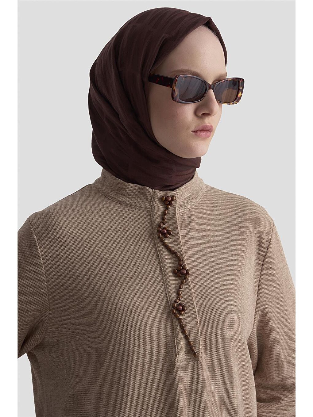 Boncuk İşlemeli Örme Tunik 25Kd9021 Bej-1