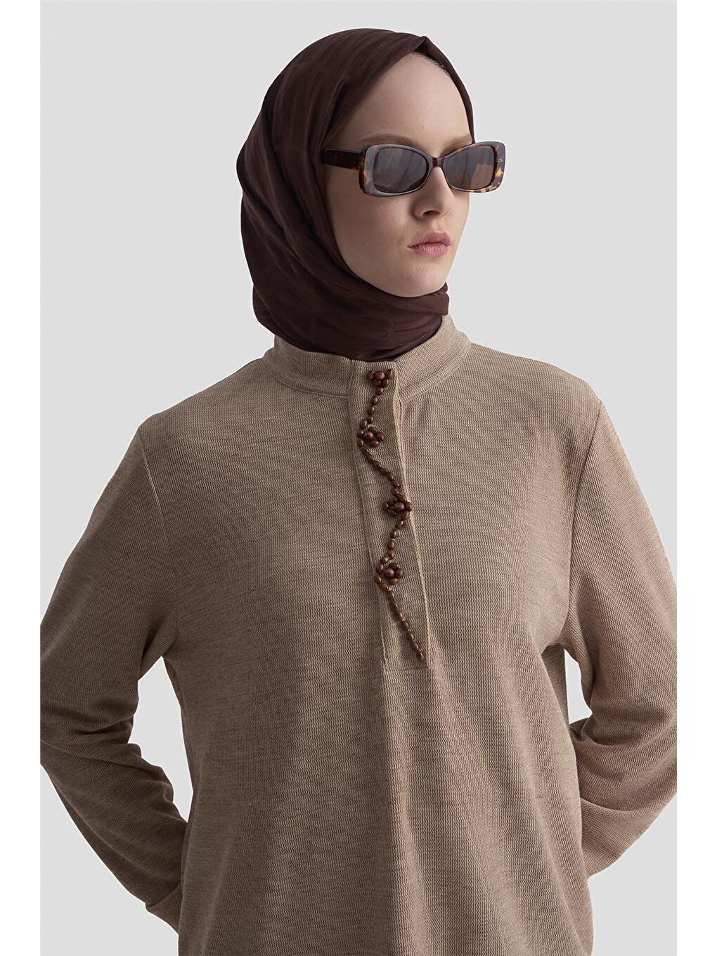 Boncuk İşlemeli Örme Tunik 25Kd9021 Bej-2