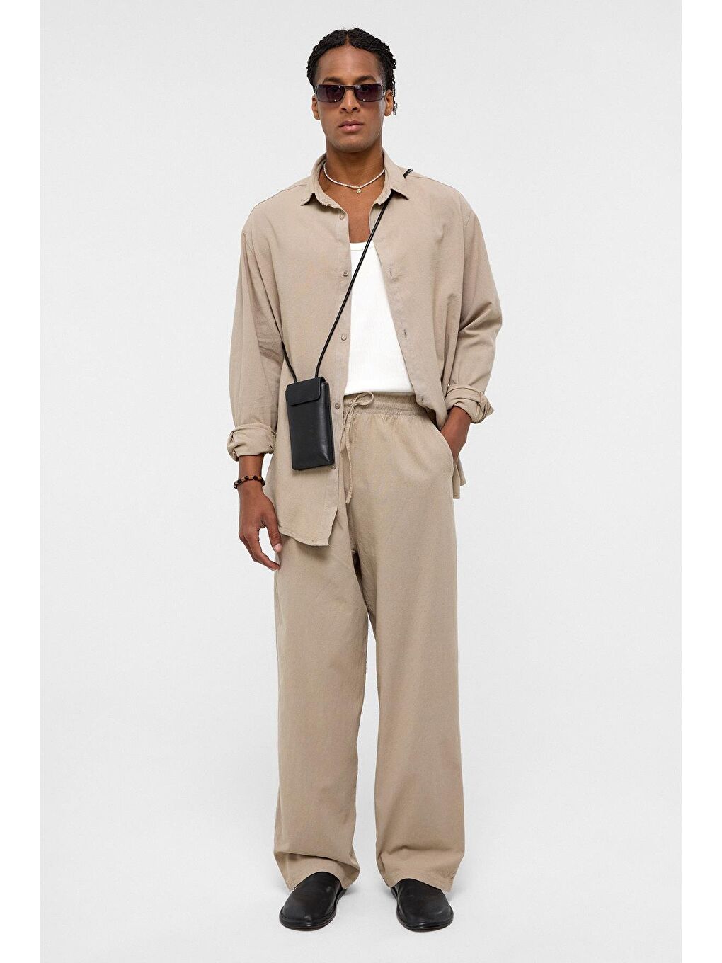 Basic Oversize Keten Takım Bej