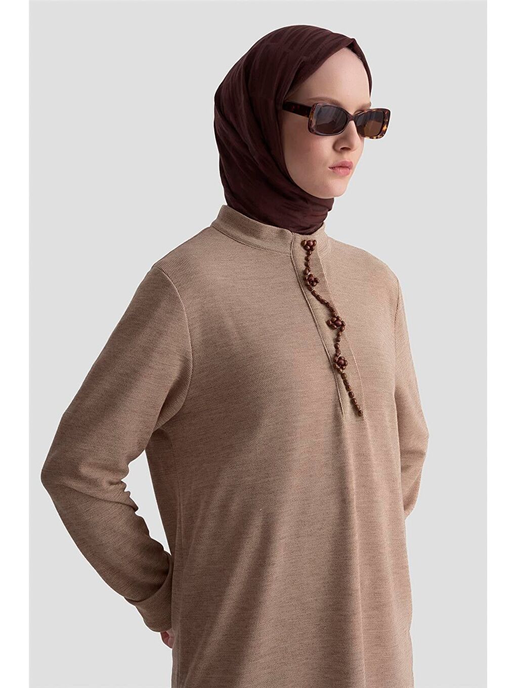 Boncuk İşlemeli Örme Tunik 25Kd9021 Bej-3
