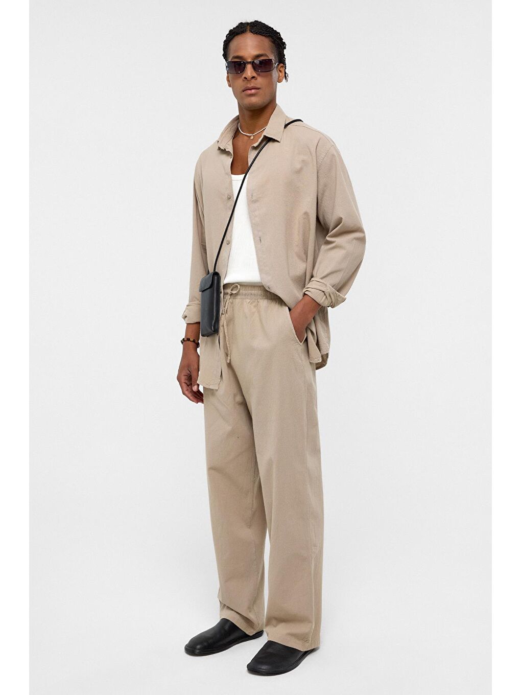 Basic Oversize Keten Takım Bej-1