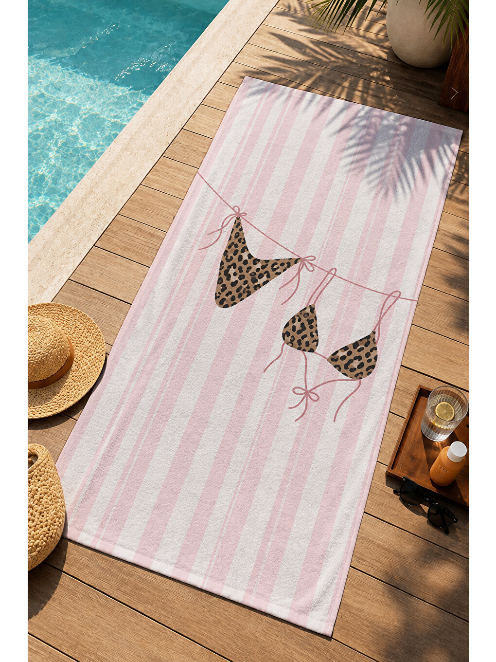 Retro Leopar Bikini Pembe Çizgili Desenli 70x150 Plaj Havlusu - Dijital Baskılı Solmaz Banyo Havlusu-4